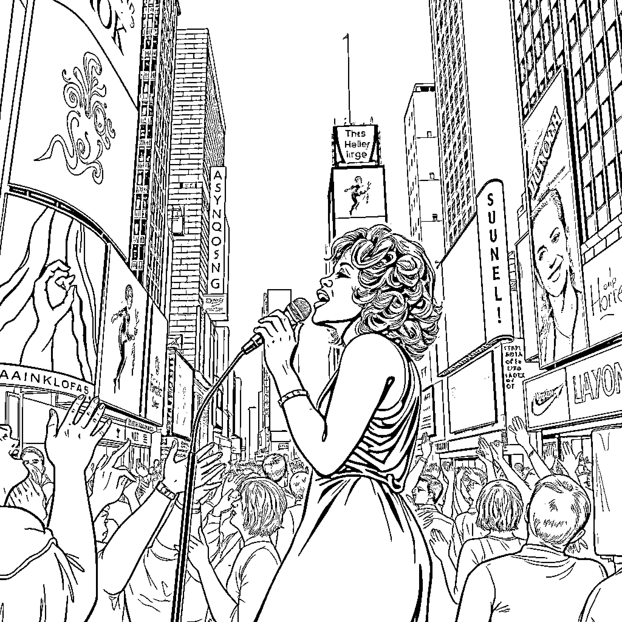 Whitney Houston Performing Powerfully on Stage Coloring Page (free black-and-white line drawing printable PDF for all, from beginners to advanced learners, including children, teens, adults, and seniors)