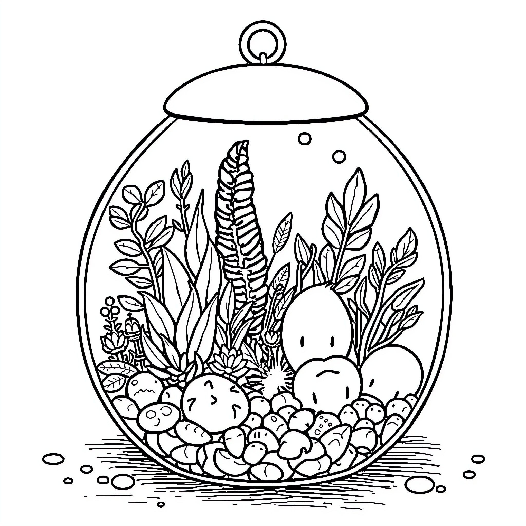 Terrarium with whimsical plant life Coloring Page (free black-and-white line drawing printable PDF for all, from beginners to advanced learners, including children, teens, adults, and seniors)