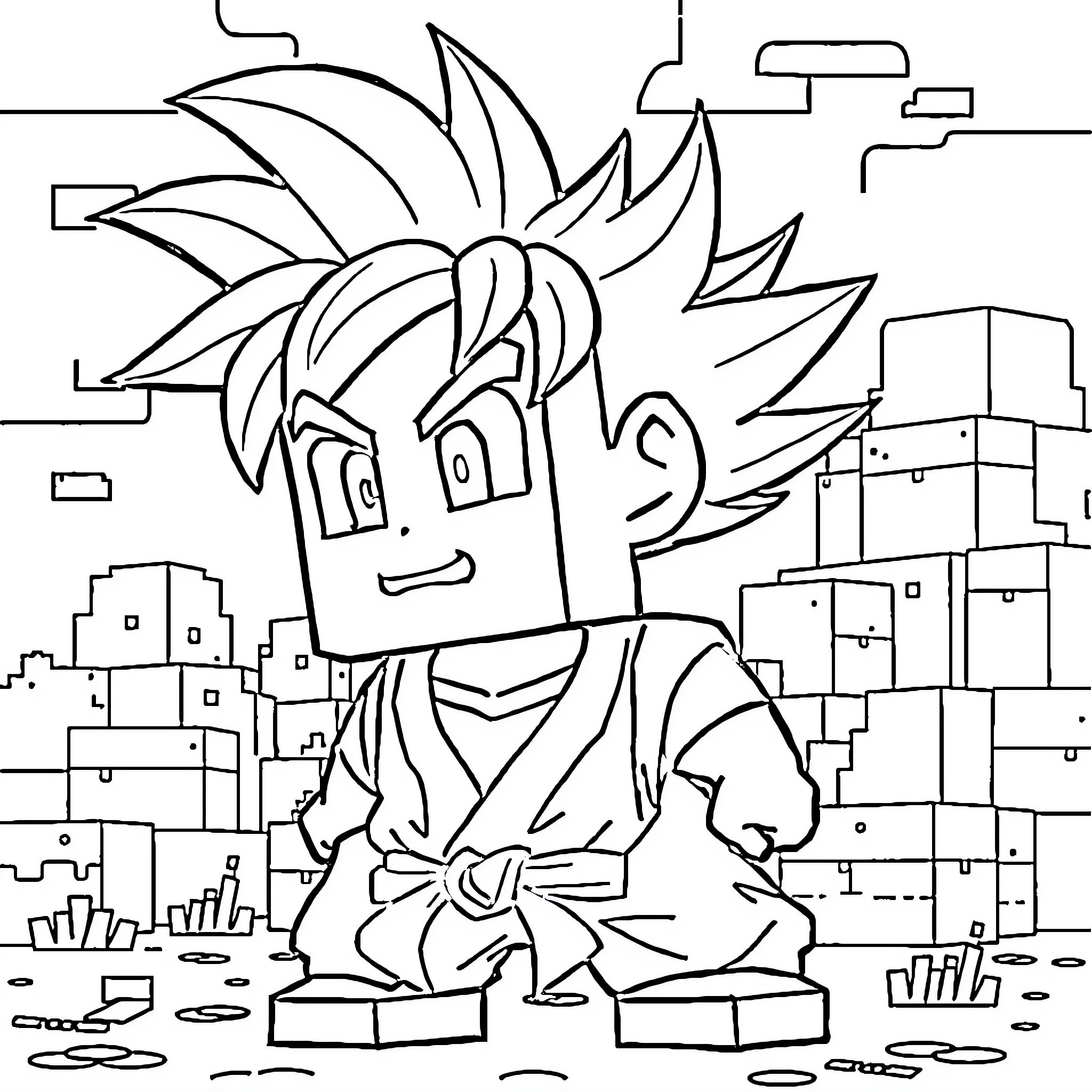 Son Goku poses in action stance amidst cityscape Coloring Page (free black-and-white line drawing printable PDF for all, from beginners to advanced learners, including children, teens, adults, and seniors)