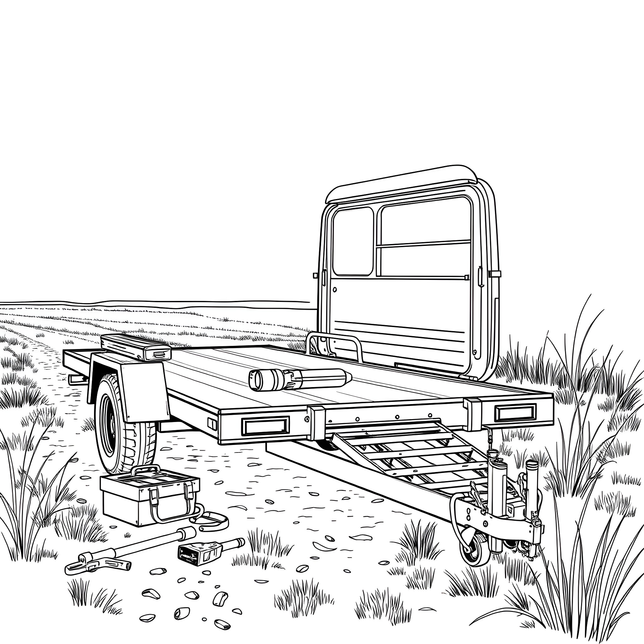 Car Trailer in the Countryside Coloring Page (free black-and-white line drawing printable PDF for all, from beginners to advanced learners, including children, teens, adults, and seniors)