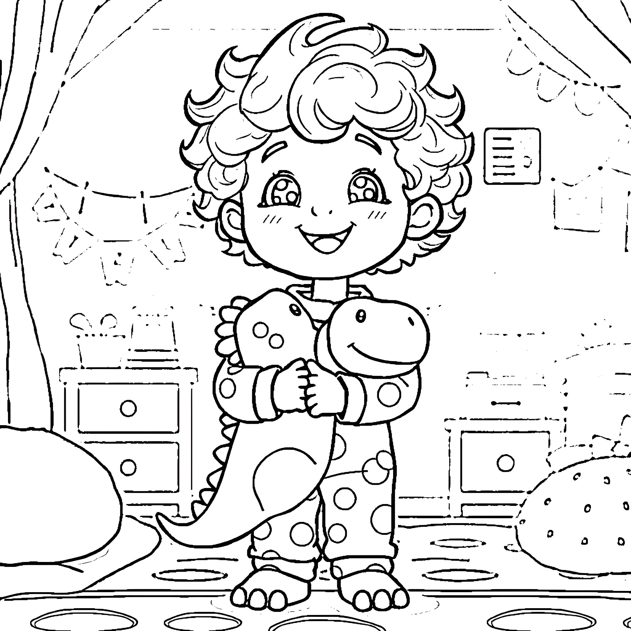 Boy holding happy stuffed animal in playroom Coloring Page (free black-and-white line drawing printable PDF for all, from beginners to advanced learners, including children, teens, adults, and seniors)