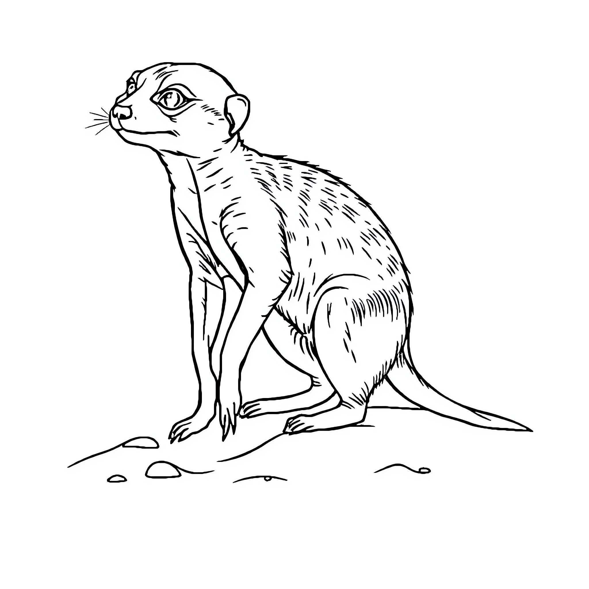 Meerkat standing alert on the ground Coloring Page (free black-and-white line drawing printable PDF for all, from beginners to advanced learners, including children, teens, adults, and seniors)
