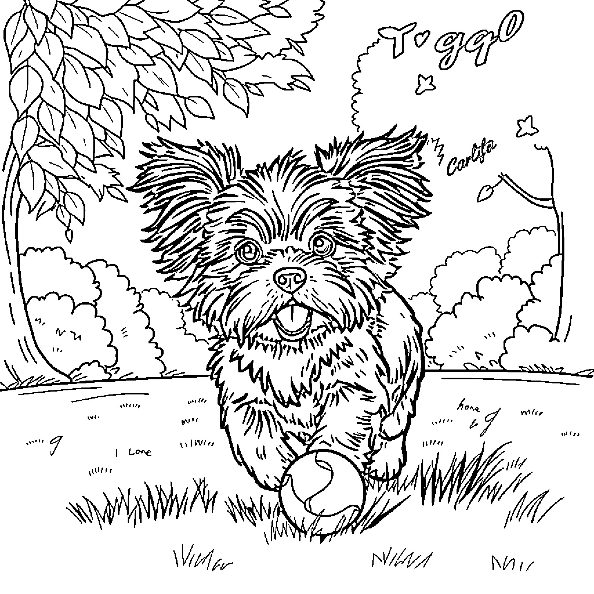 Shih Tzu enjoying outdoor adventure Coloring Page (free black-and-white line drawing printable PDF for all, from beginners to advanced learners, including children, teens, adults, and seniors)