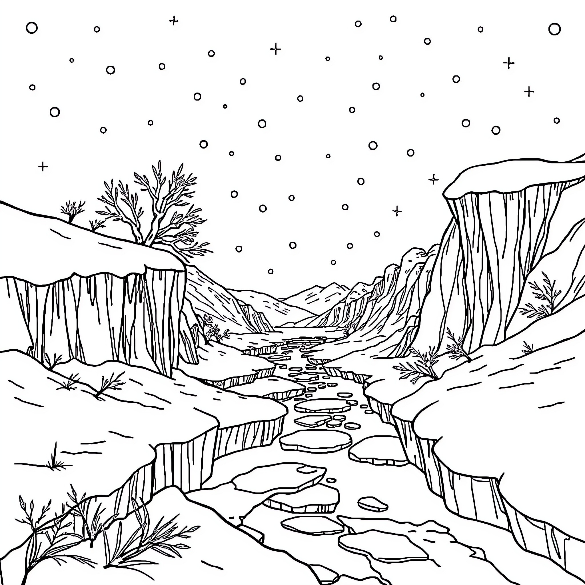 Frozen Landscape with Snowy Mountains and River Coloring Page (free black-and-white line drawing printable PDF for all, from beginners to advanced learners, including children, teens, adults, and seniors)