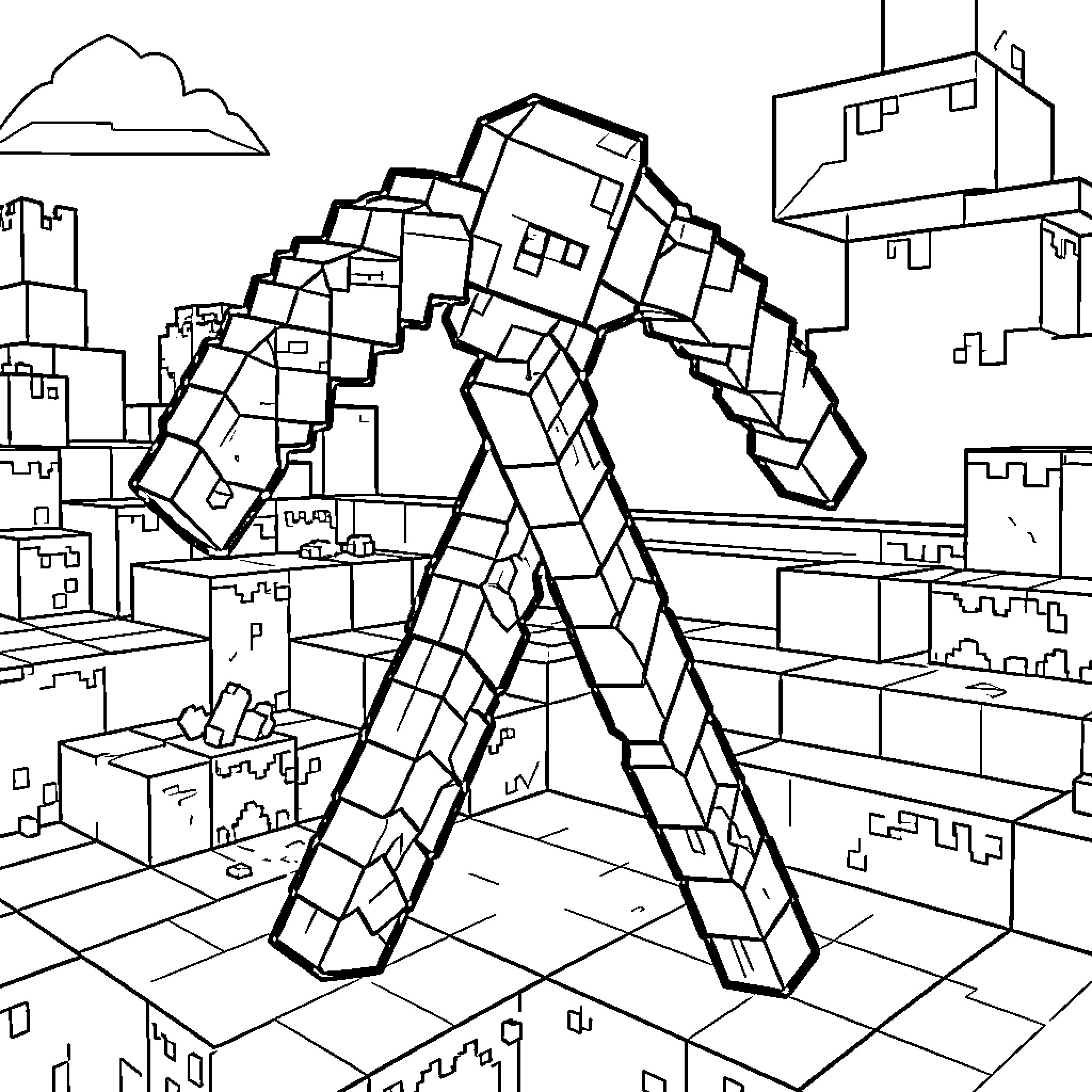 Pickaxe Wielding in Blocky Minecraft-Inspired Landscape Coloring Page (free black-and-white line drawing printable PDF for all, from beginners to advanced learners, including children, teens, adults, and seniors)