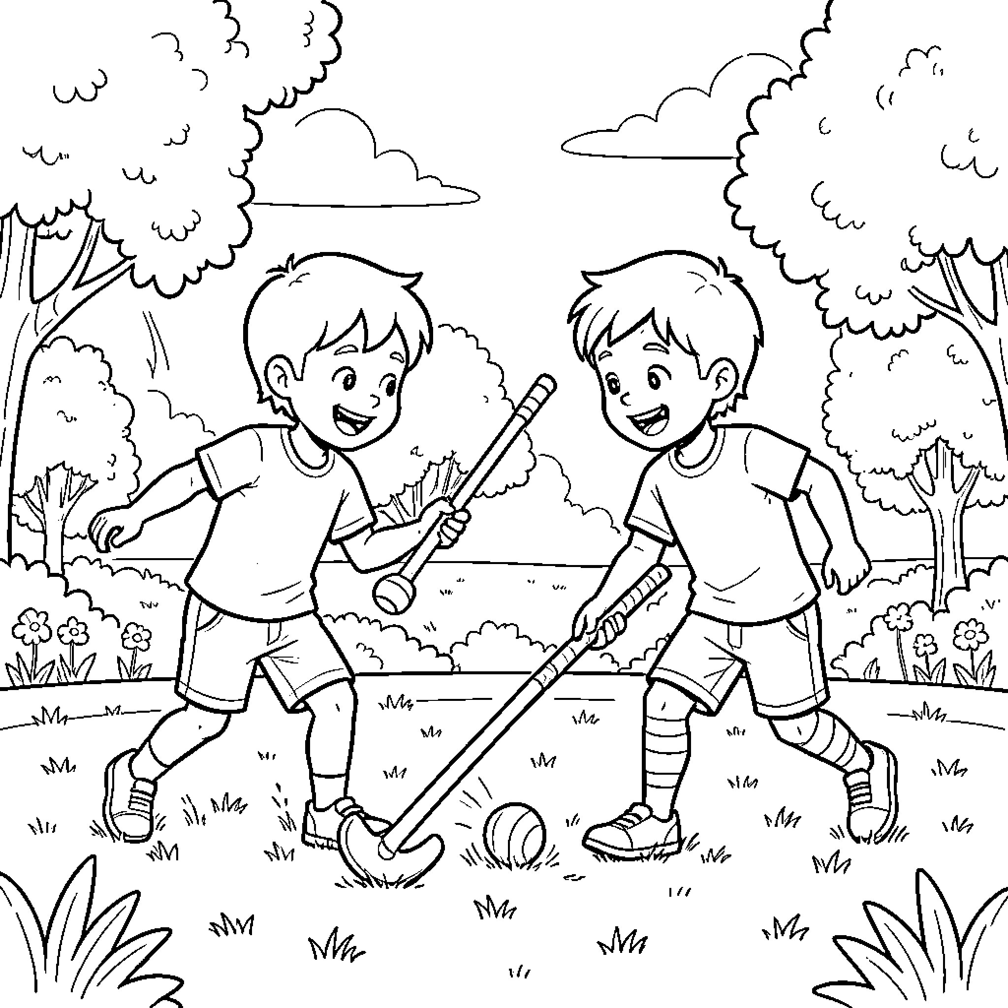 Kid playing field hockey with a friend outdoors Coloring Page (free black-and-white line drawing printable PDF for all, from beginners to advanced learners, including children, teens, adults, and seniors)