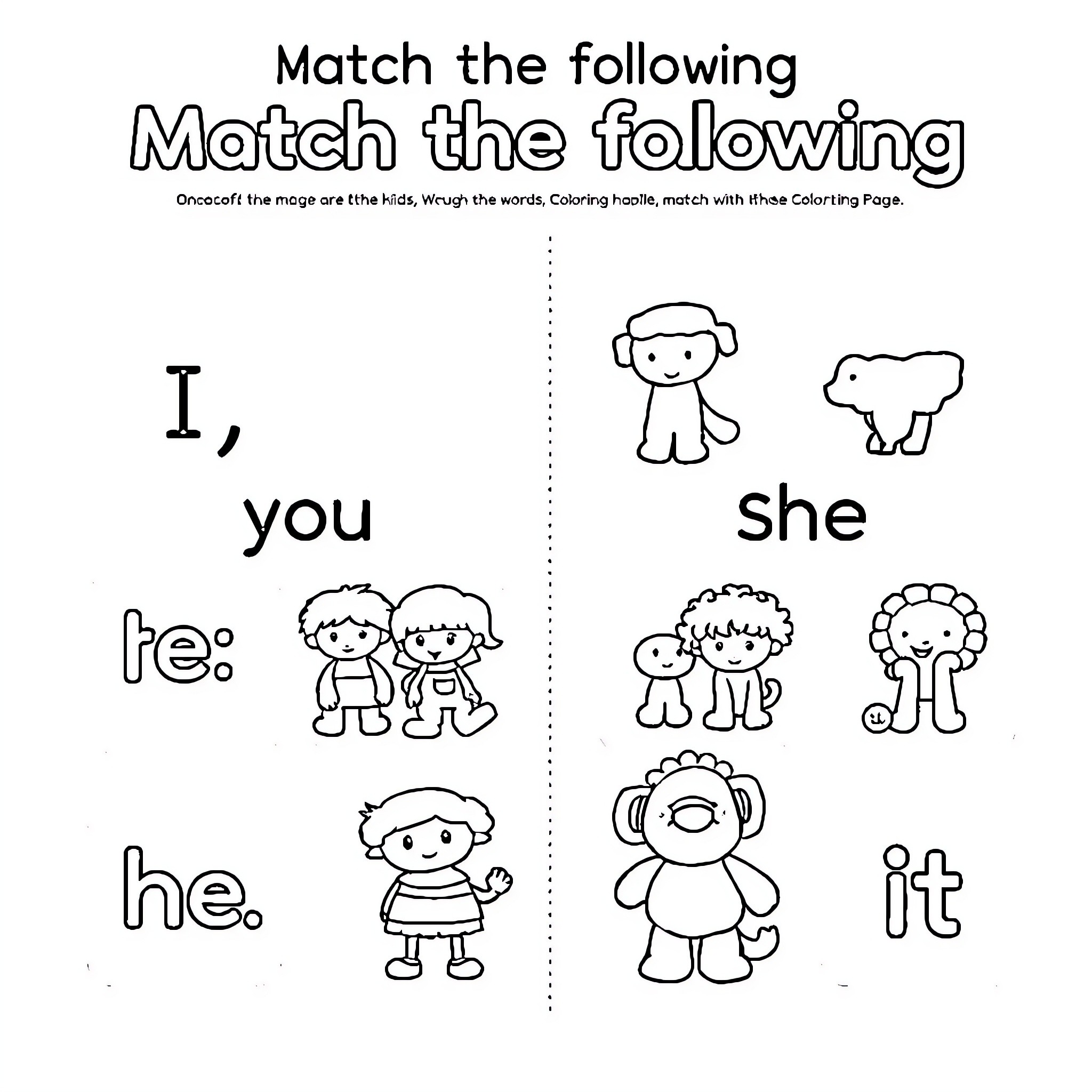 Pronoun characters matching with kids Coloring Page (free black-and-white line drawing printable PDF for all, from beginners to advanced learners, including children, teens, adults, and seniors)