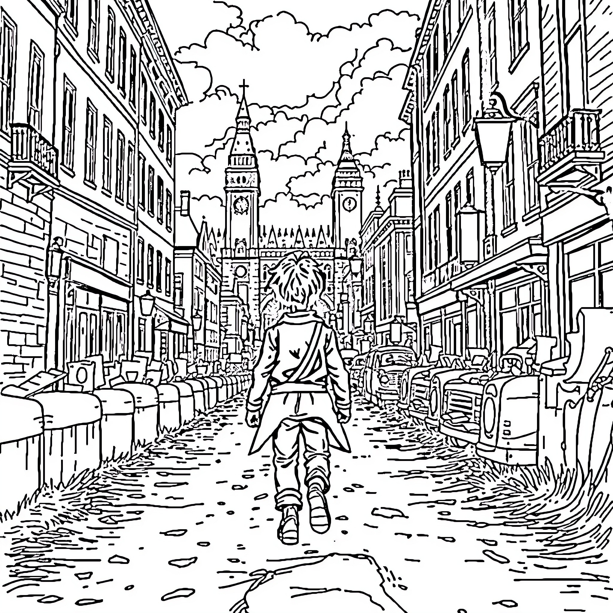 Oliver Twist Wandering the Bustling City Streets Coloring Page (free black-and-white line drawing printable PDF for all, from beginners to advanced learners, including children, teens, adults, and seniors)