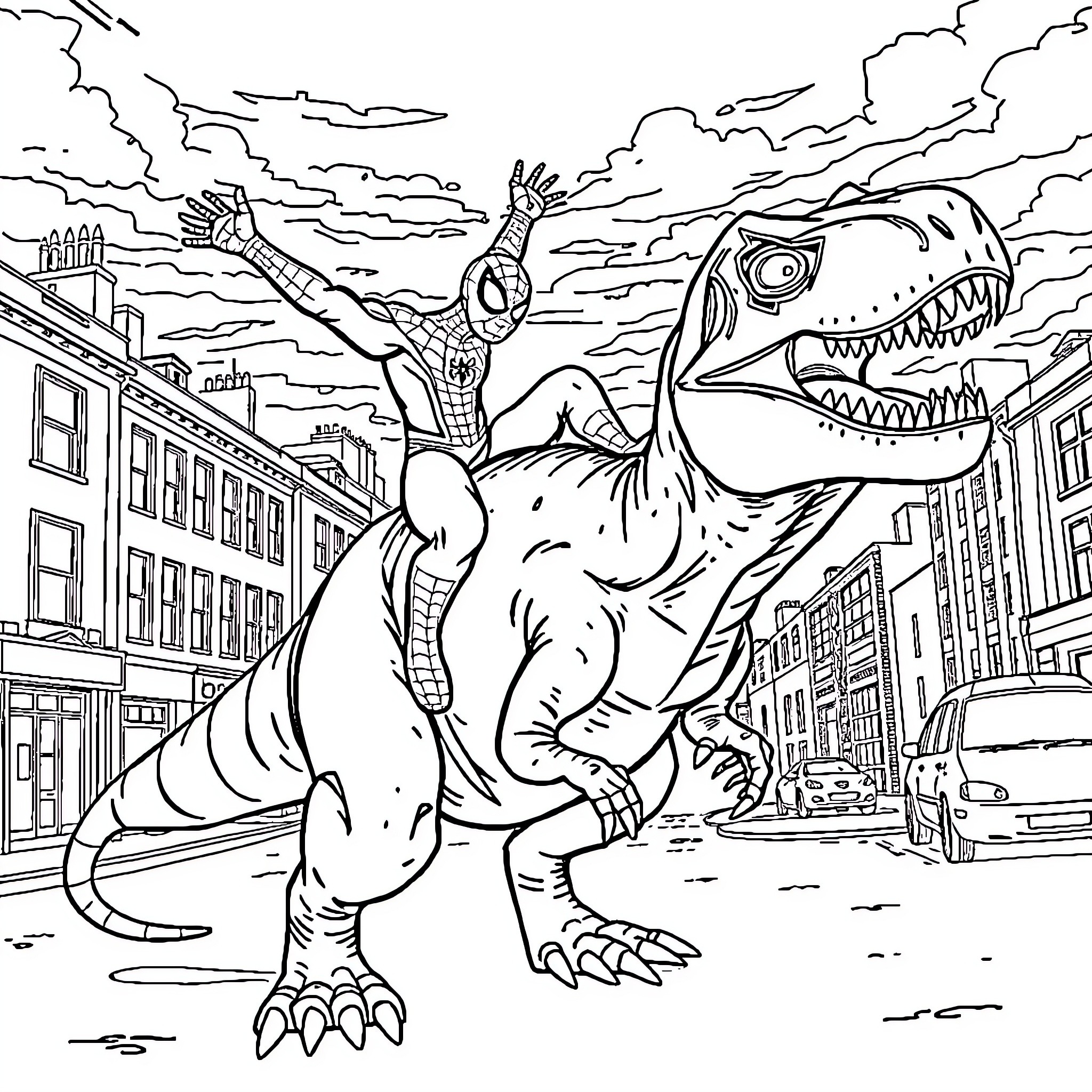 Spider-Man battles giant dinosaur in the city Coloring Page (free black-and-white line drawing printable PDF for all, from beginners to advanced learners, including children, teens, adults, and seniors)
