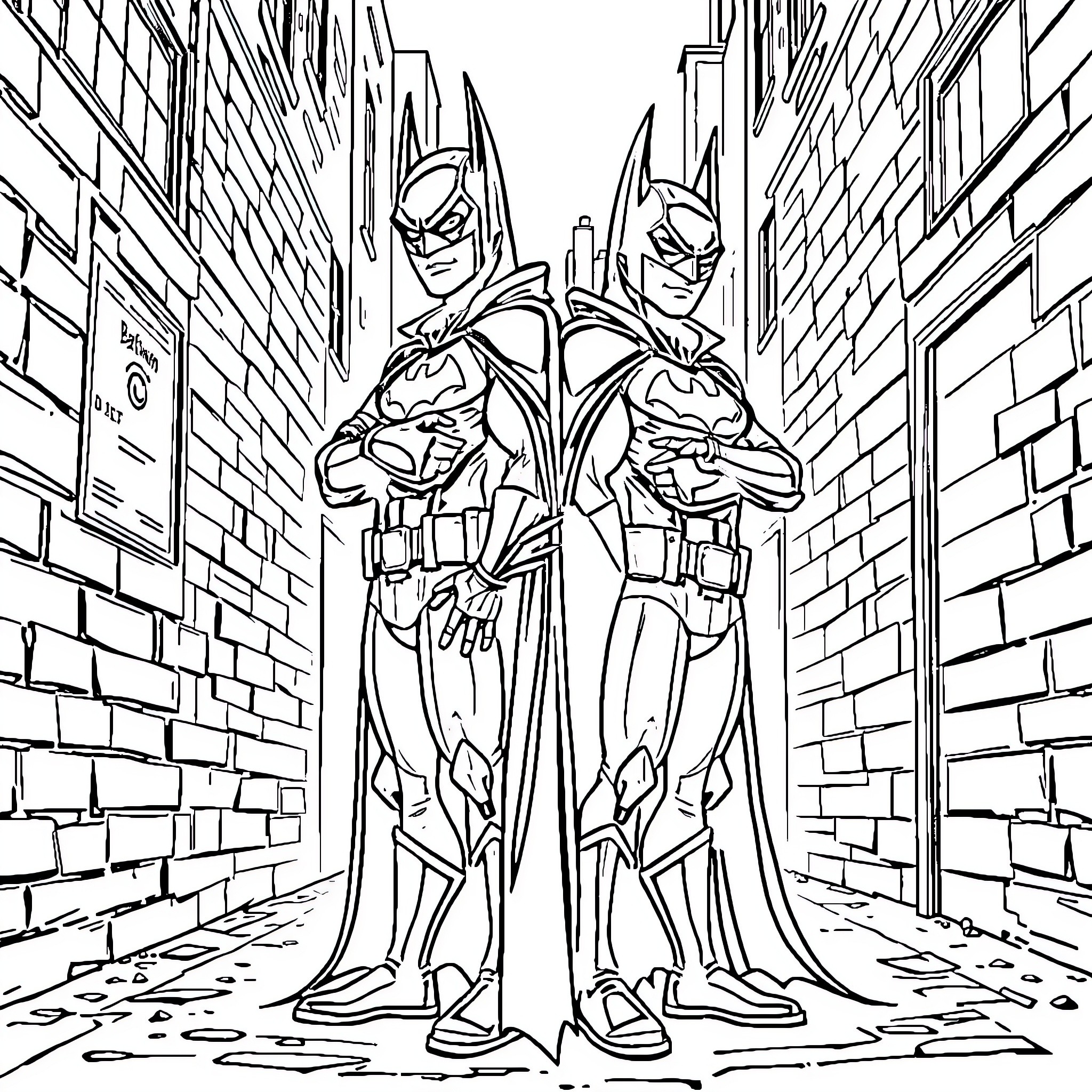 Batwin Heroic Duo Patrol the City Streets Coloring Page (free black-and-white line drawing printable PDF for all, from beginners to advanced learners, including children, teens, adults, and seniors)