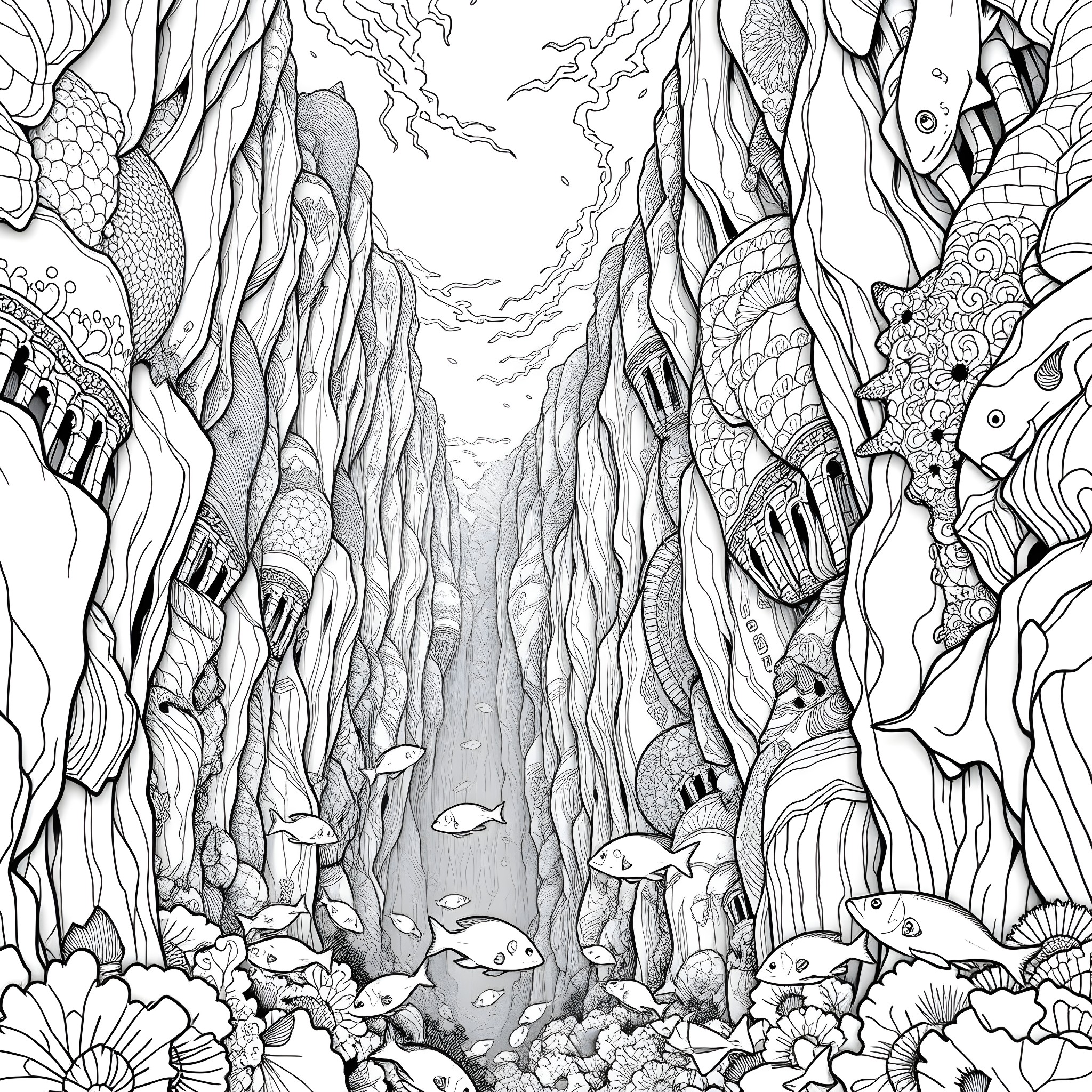 Canyon of Intricate Aquatic Creatures Coloring Page (free black-and-white line drawing printable PDF for all, from beginners to advanced learners, including children, teens, adults, and seniors)