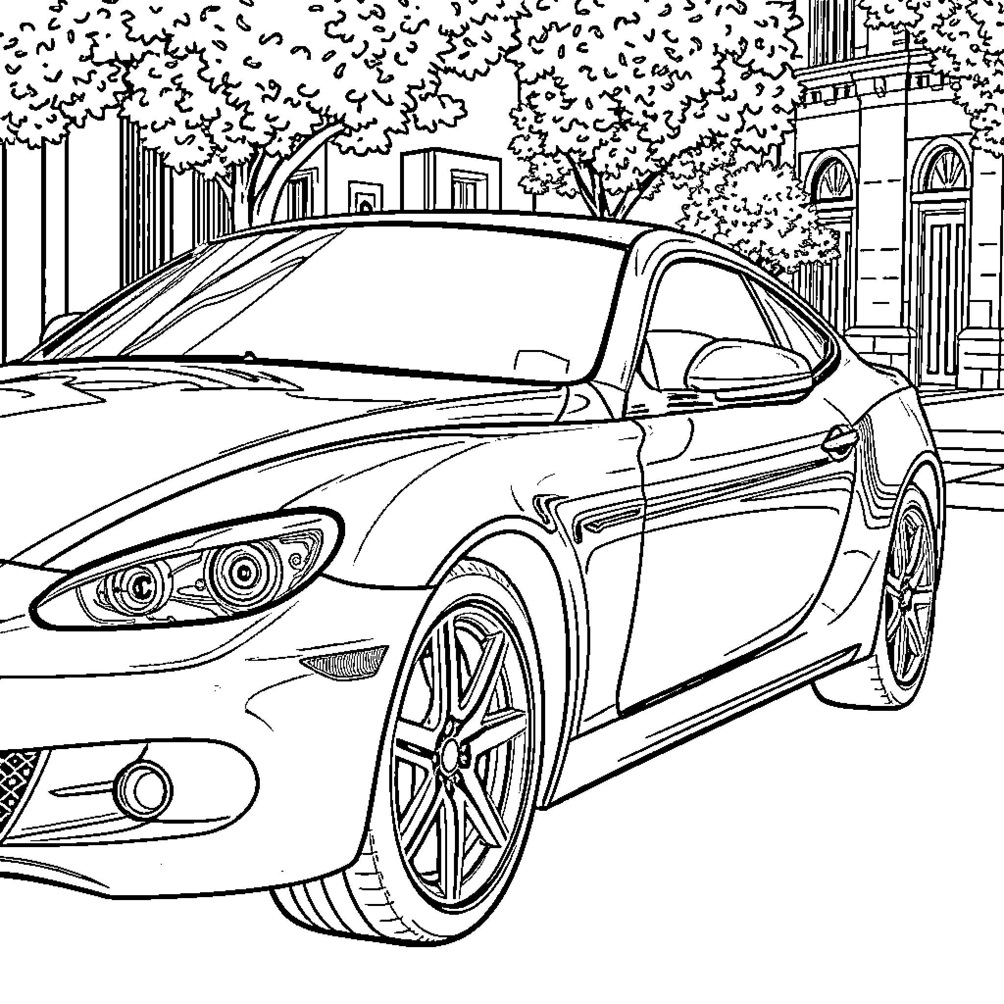 Car speeding through city street scene Coloring Page (free black-and-white line drawing printable PDF for all, from beginners to advanced learners, including children, teens, adults, and seniors)