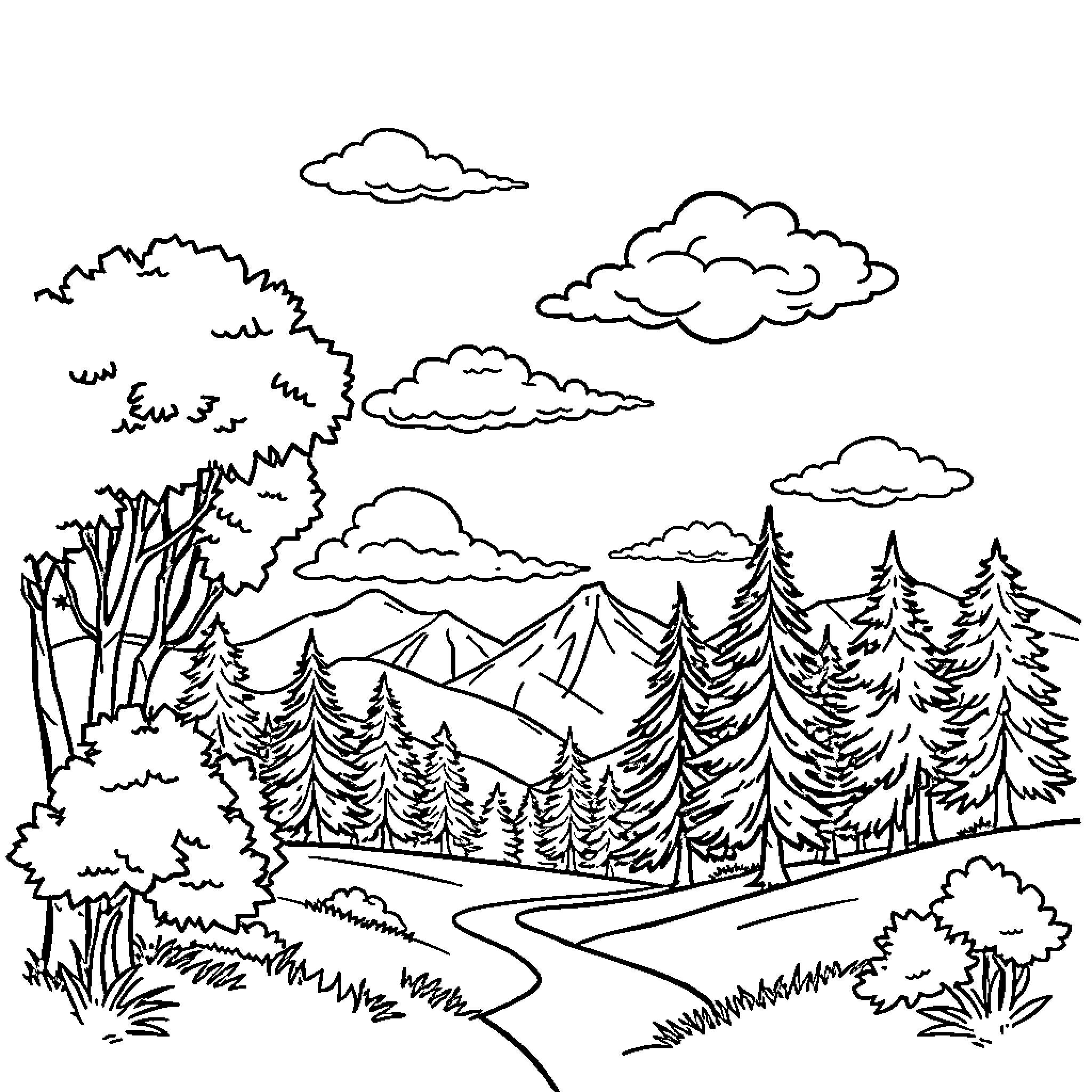 Bob Ross paints a serene mountain landscape Coloring Page (free black-and-white line drawing printable PDF for all, from beginners to advanced learners, including children, teens, adults, and seniors)