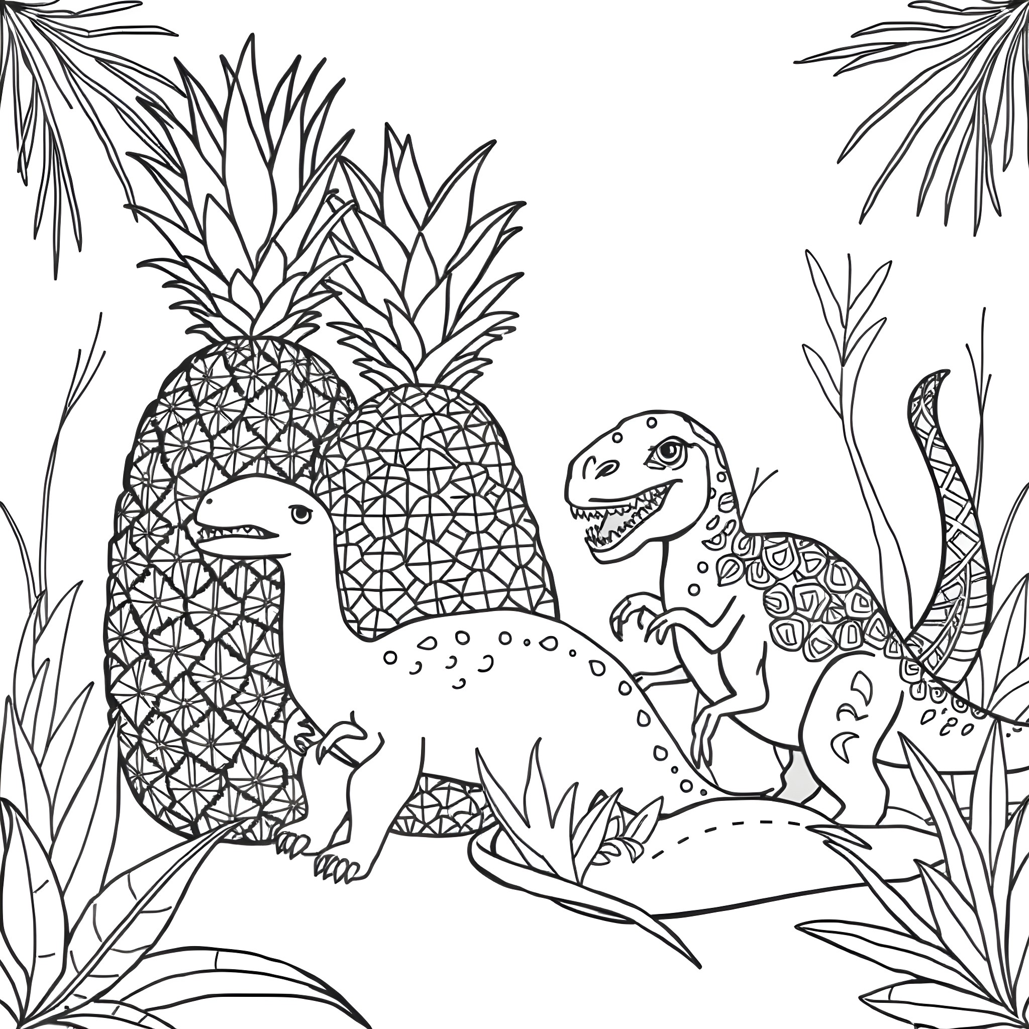 Pineapple Dinosaurs Playing in Tropical Foliage Coloring Page (free black-and-white line drawing printable PDF for all, from beginners to advanced learners, including children, teens, adults, and seniors)