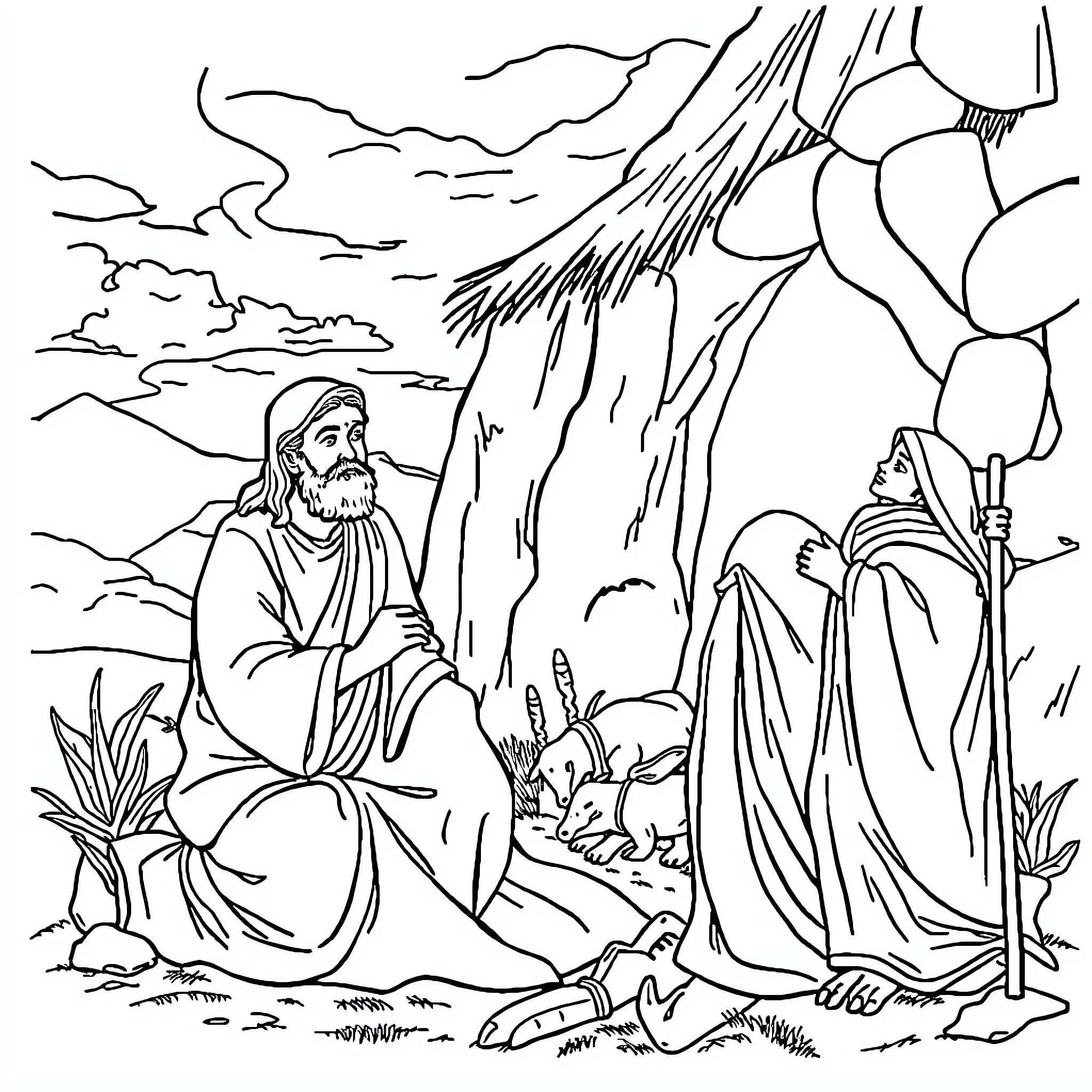 Bible scene of man and woman in nature Coloring Page (free black-and-white line drawing printable PDF for all, from beginners to advanced learners, including children, teens, adults, and seniors)