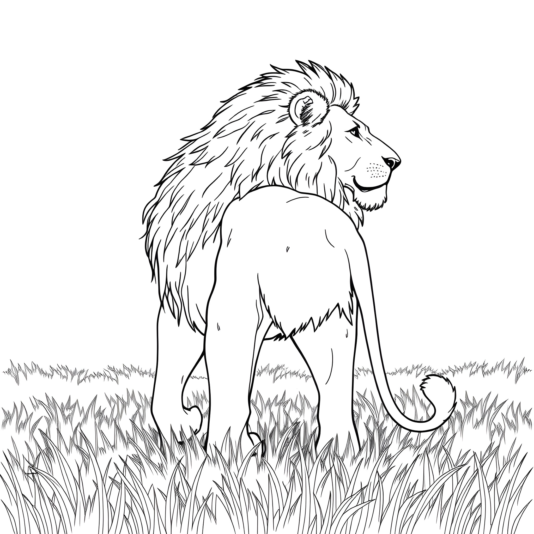 Lion standing tall in the grass Coloring Page (free black-and-white line drawing printable PDF for all, from beginners to advanced learners, including children, teens, adults, and seniors)