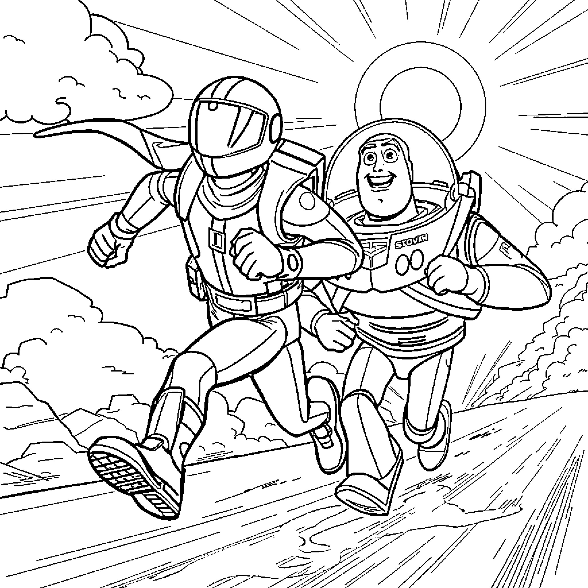 Metroman heroically rescuing Buzz Lightyear Coloring Page (free black-and-white line drawing printable PDF for all, from beginners to advanced learners, including children, teens, adults, and seniors)
