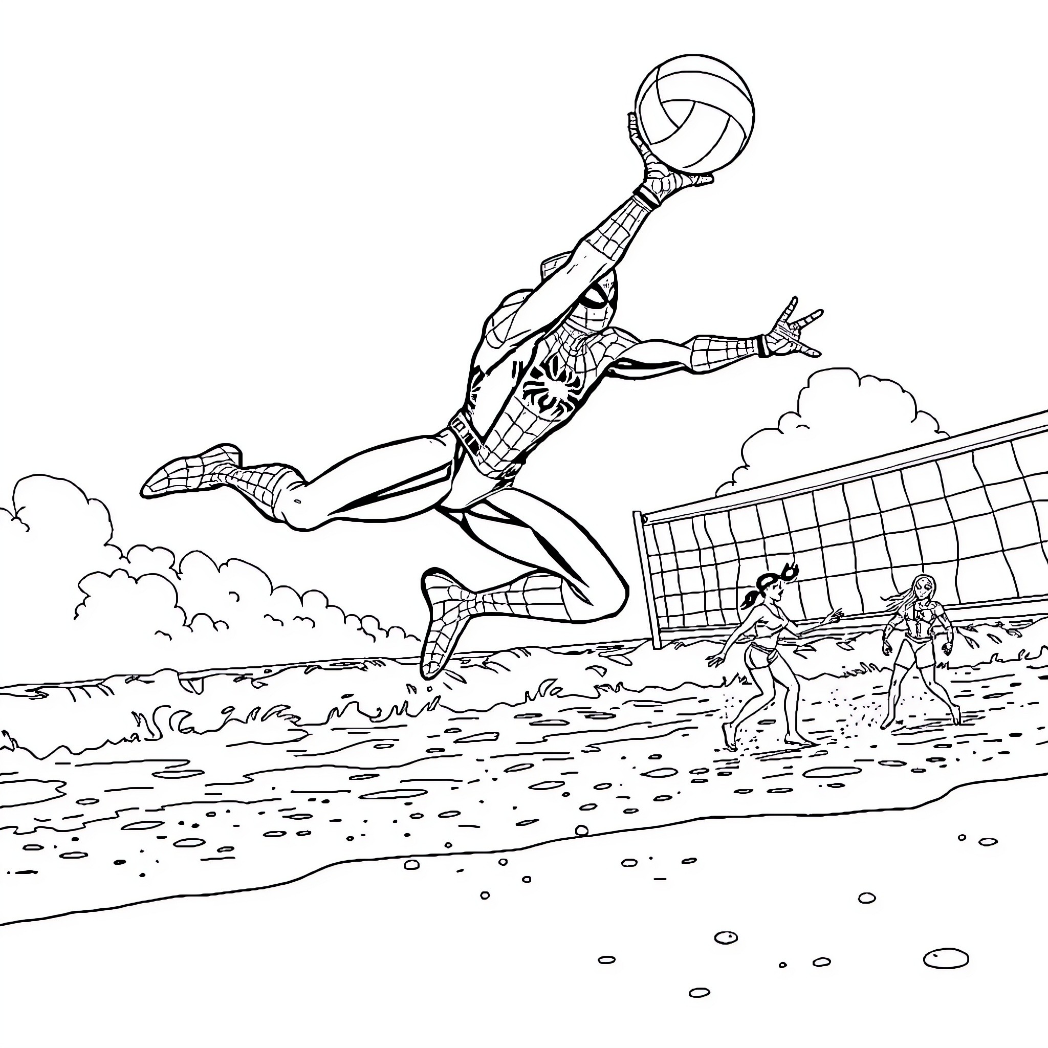 Spiderman performing acrobatics on the beach Coloring Page (free black-and-white line drawing printable PDF for all, from beginners to advanced learners, including children, teens, adults, and seniors)