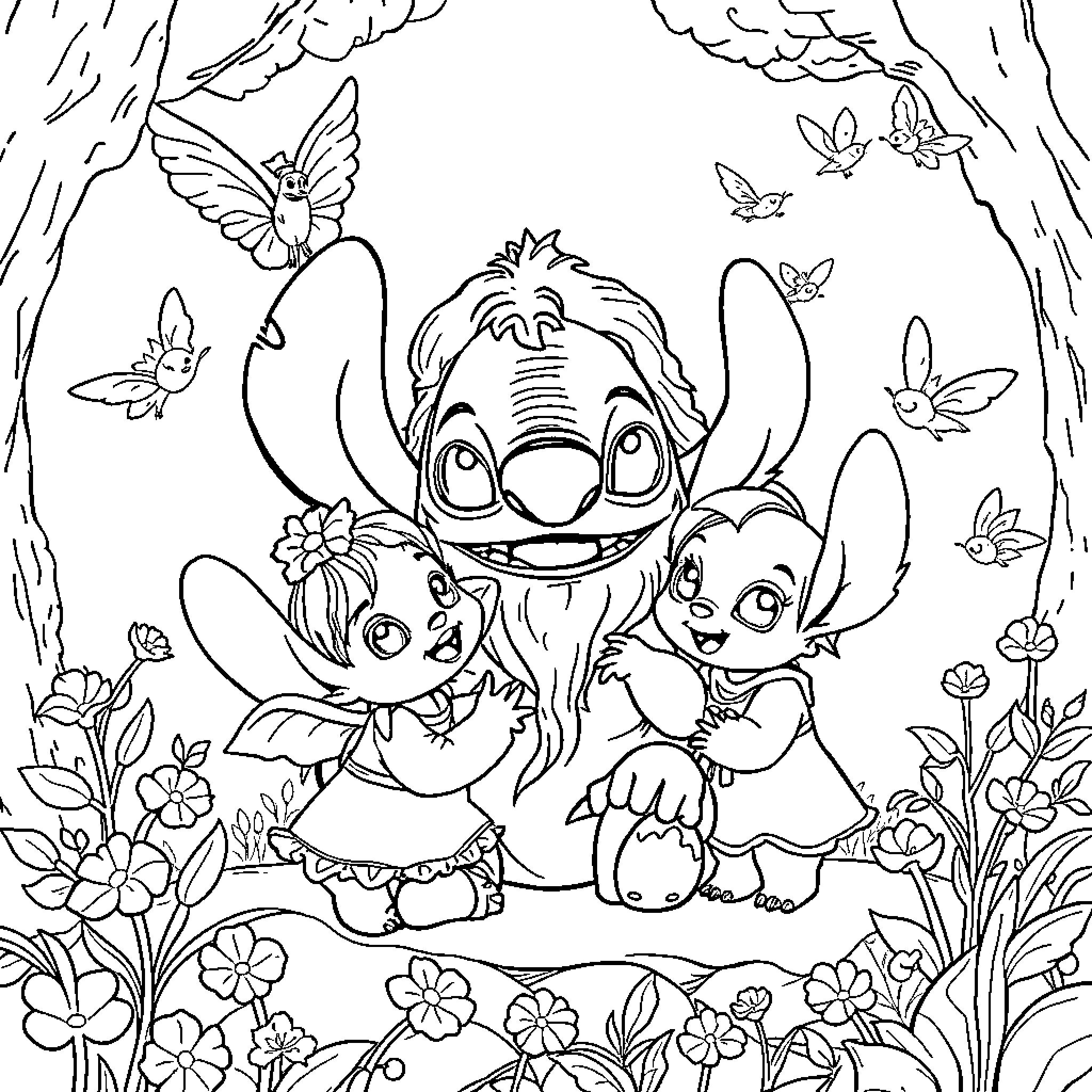 Abuelo and grandchildren explore nature's wonders Coloring Page (free black-and-white line drawing printable PDF for all, from beginners to advanced learners, including children, teens, adults, and seniors)