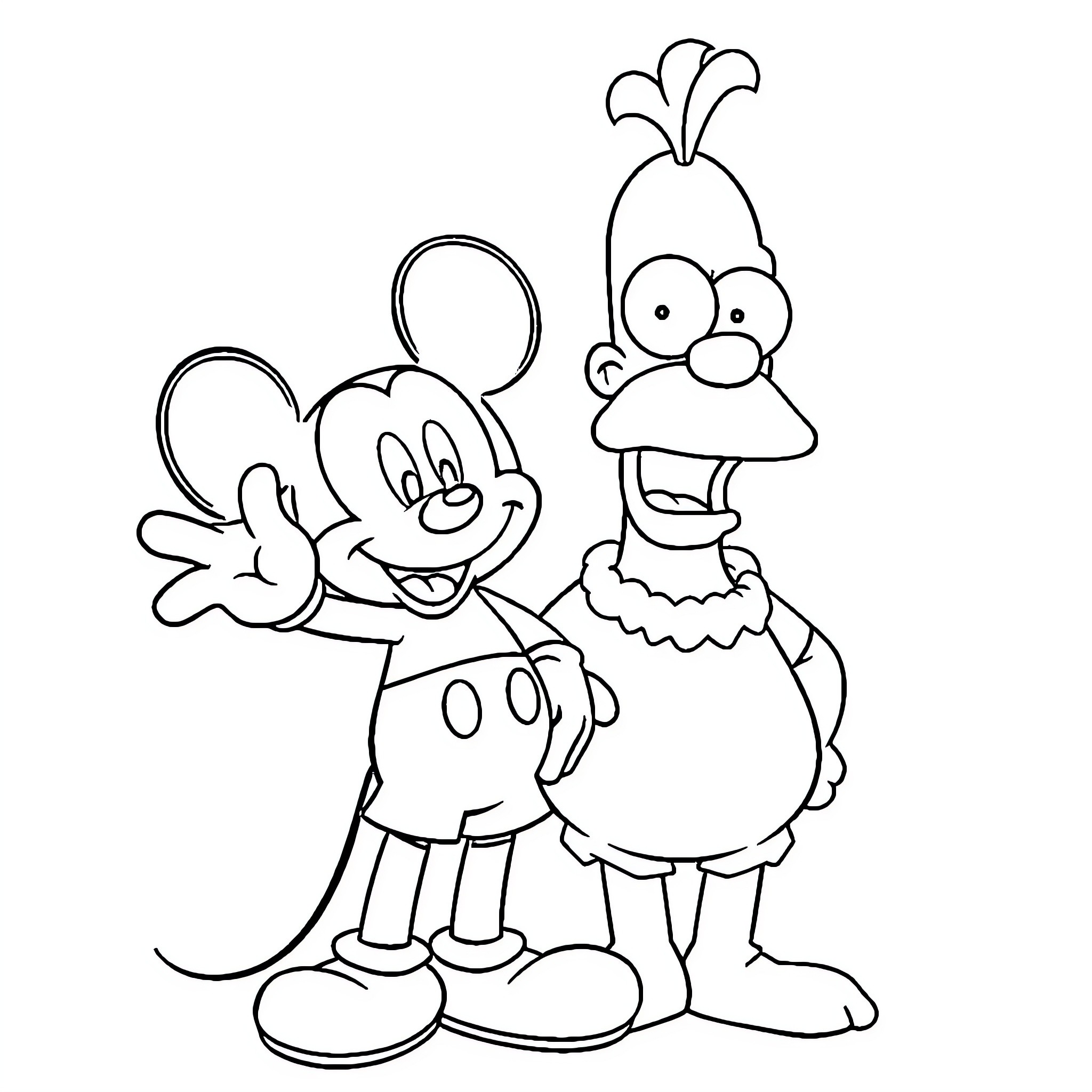 Mickey Mouse and goofy character posing together Coloring Page (free black-and-white line drawing printable PDF for all, from beginners to advanced learners, including children, teens, adults, and seniors)