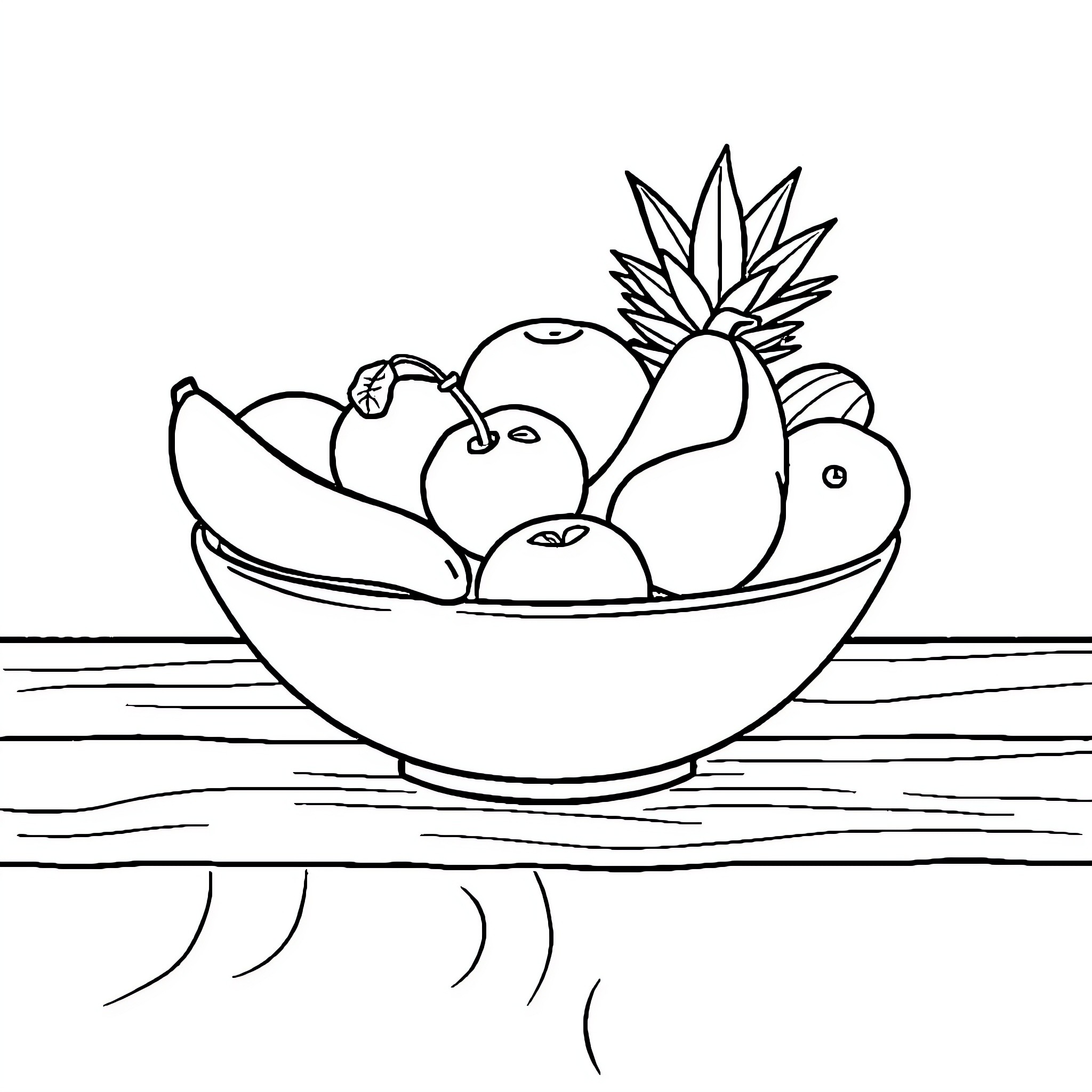 Fruit assortment in a bowl Coloring Page (free black-and-white line drawing printable PDF for all, from beginners to advanced learners, including children, teens, adults, and seniors)