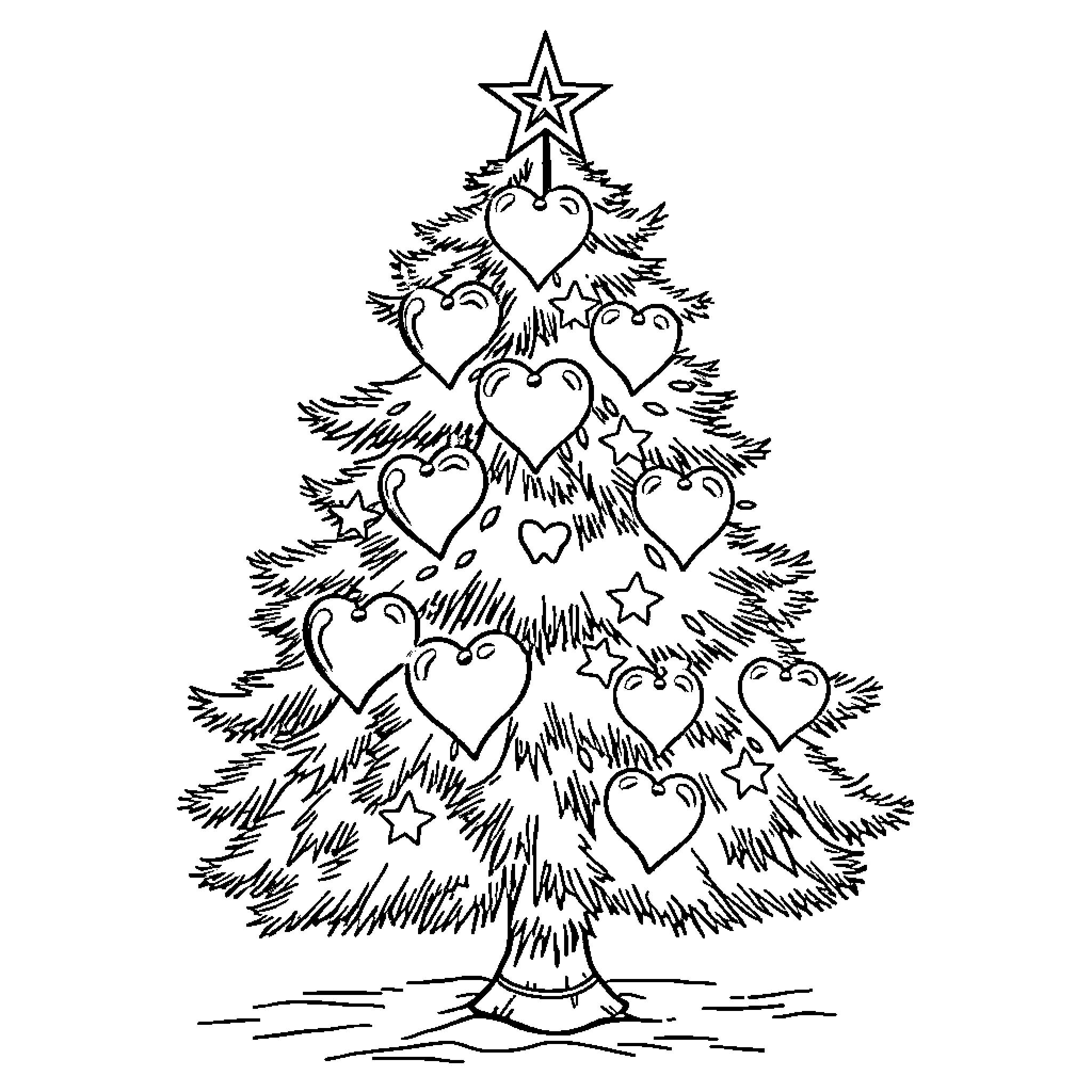 Christmas Tree Decorated with Hearts and Stars Coloring Page (free black-and-white line drawing printable PDF for all, from beginners to advanced learners, including children, teens, adults, and seniors)