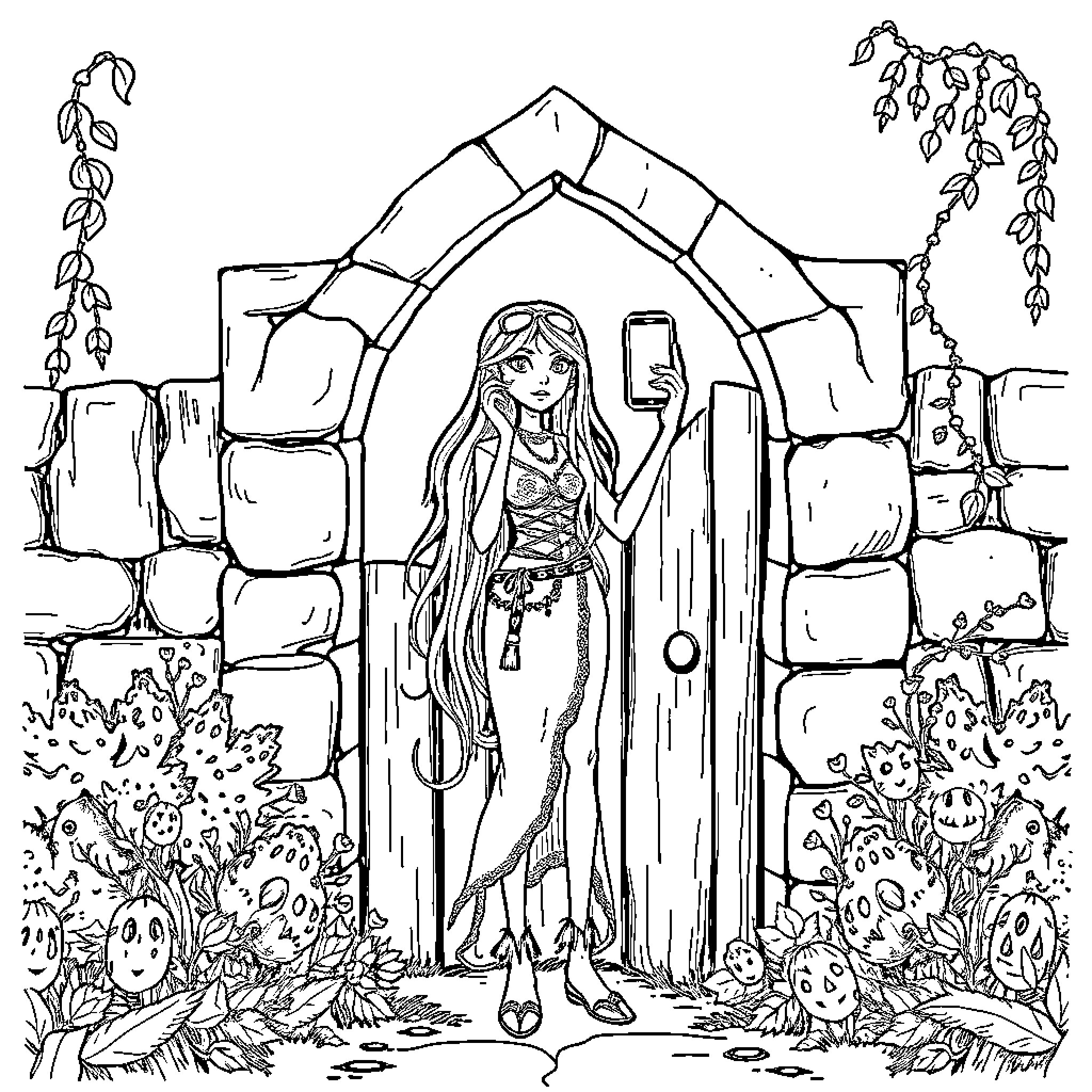 Hippy Lady taking a selfie at the whimsical garden entrance Coloring Page (free black-and-white line drawing printable PDF for all, from beginners to advanced learners, including children, teens, adults, and seniors)