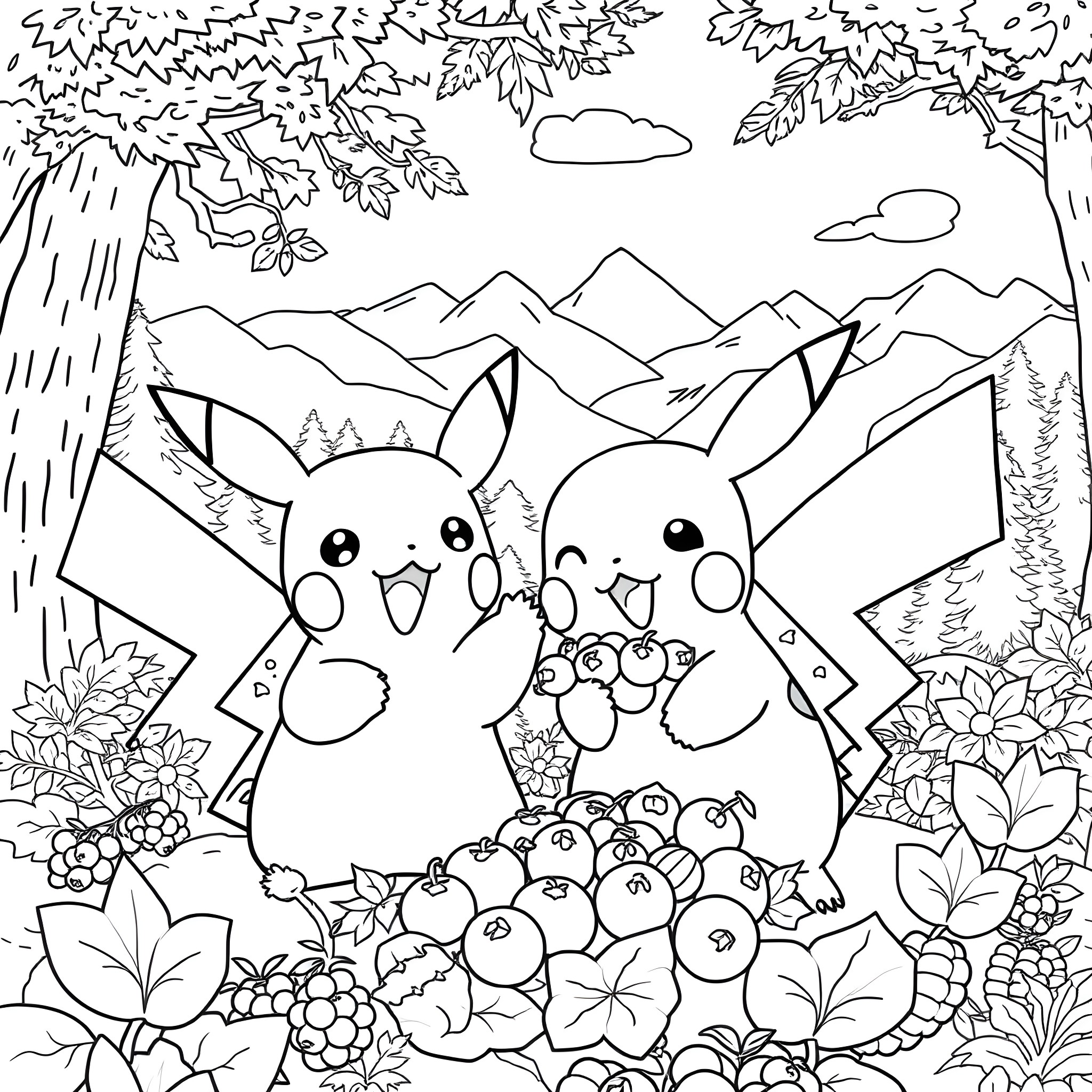 Pikachu playing in a mountain landscape Coloring Page (free black-and-white line drawing printable PDF for all, from beginners to advanced learners, including children, teens, adults, and seniors)
