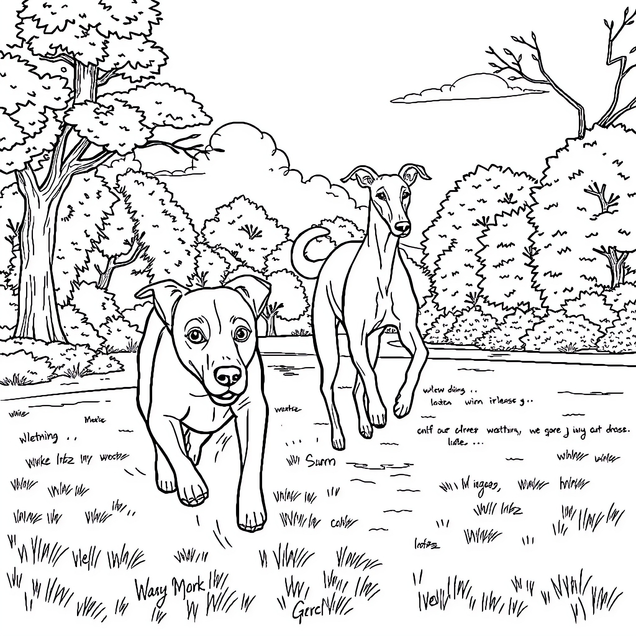 Labrador dogs exploring the wilderness Coloring Page (free black-and-white line drawing printable PDF for all, from beginners to advanced learners, including children, teens, adults, and seniors)