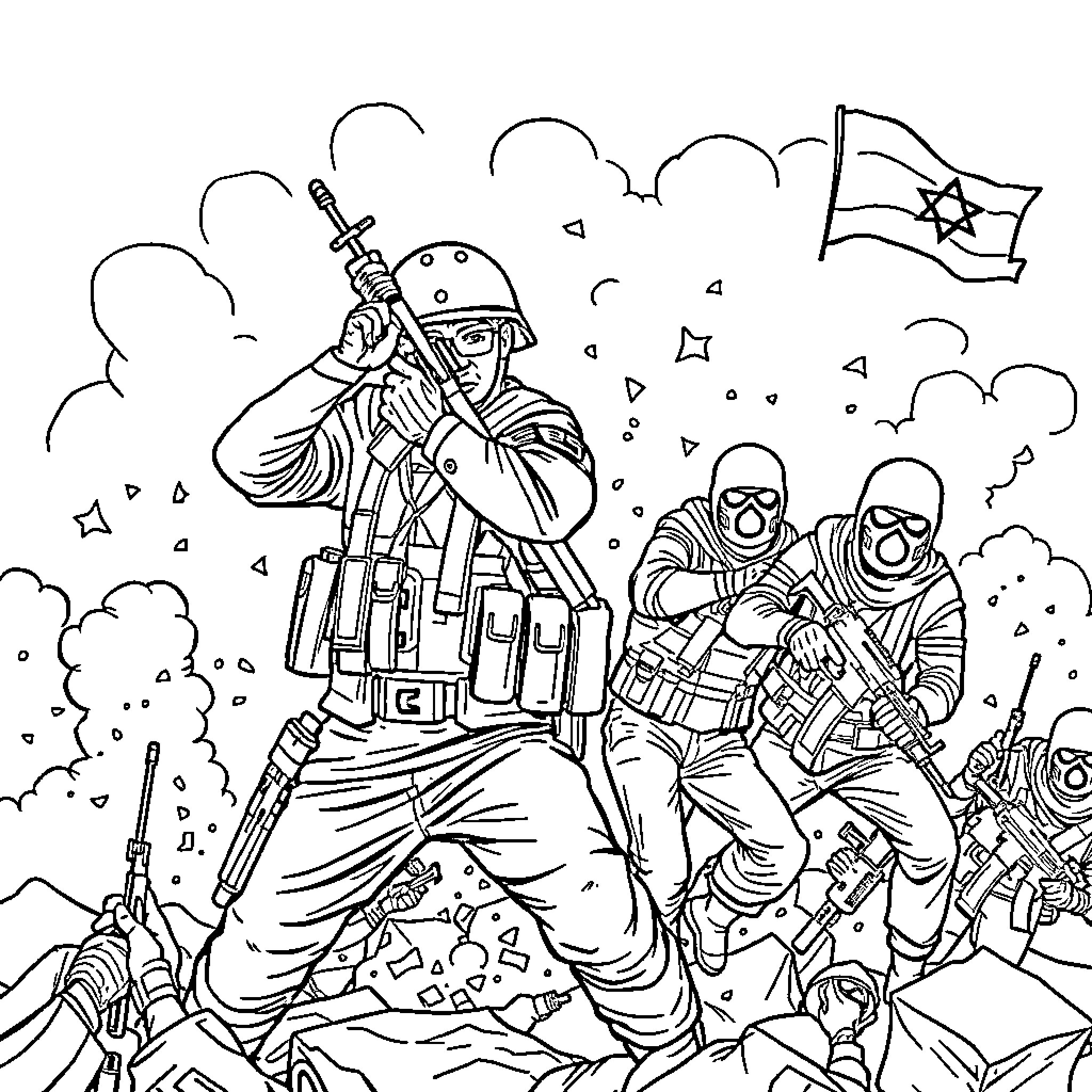 Soldier in combat with comrades on the battlefield Coloring Page (free black-and-white line drawing printable PDF for all, from beginners to advanced learners, including children, teens, adults, and seniors)