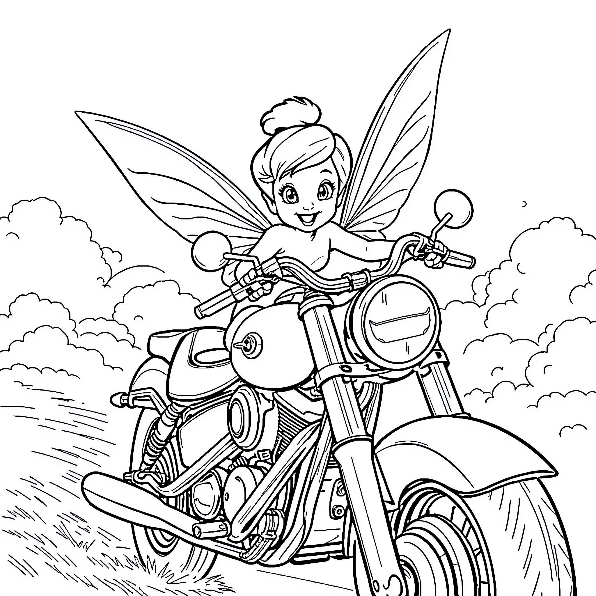 Tinkerbell riding a motorcycle in the clouds Coloring Page (free black-and-white line drawing printable PDF for all, from beginners to advanced learners, including children, teens, adults, and seniors)