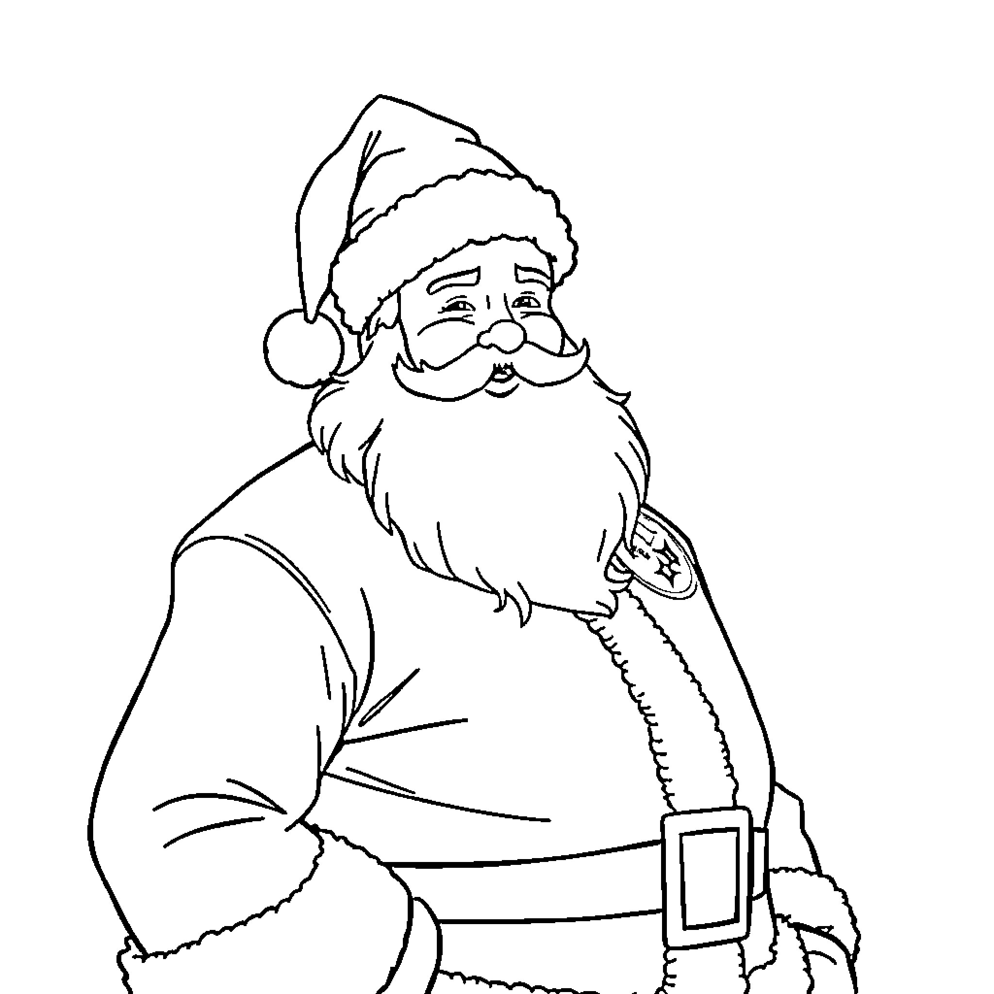 Santa Claus with a Warm Smile and Festive Attire Coloring Page (free black-and-white line drawing printable PDF for all, from beginners to advanced learners, including children, teens, adults, and seniors)