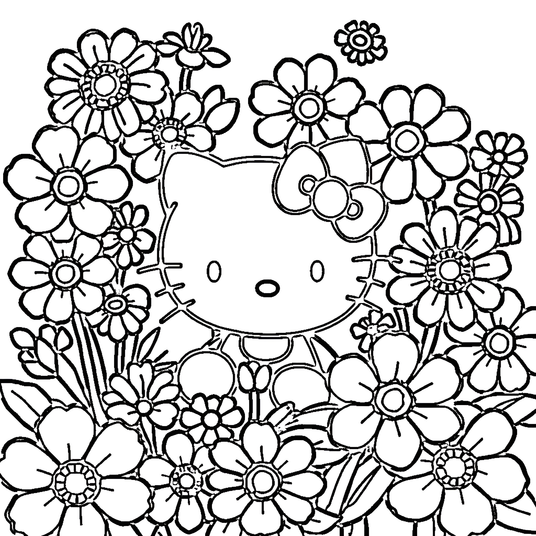 Hello Kitty surrounded by cheerful flowers Coloring Page (free black-and-white line drawing printable PDF for all, from beginners to advanced learners, including children, teens, adults, and seniors)