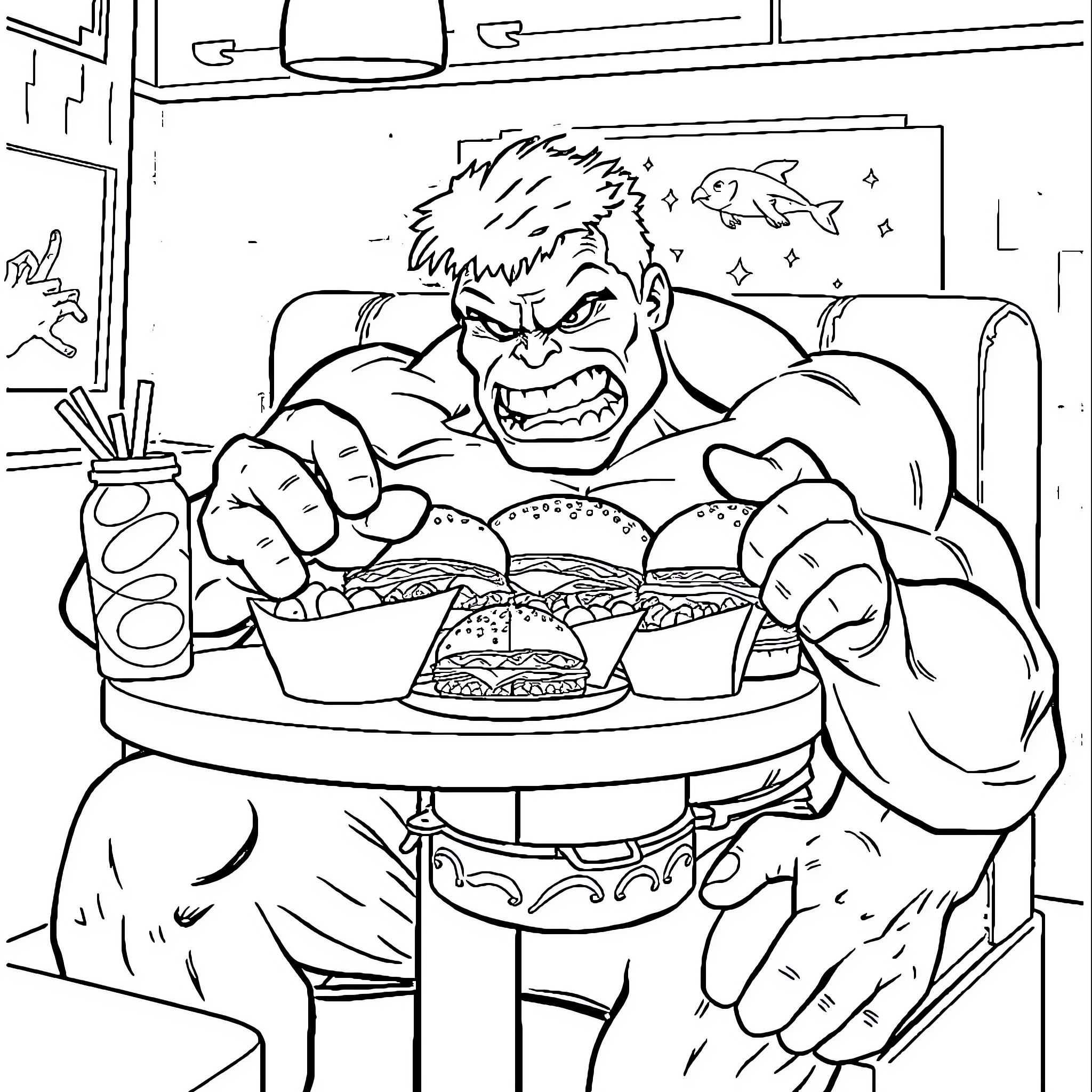 Hulk Devouring a Huge Meal in His Den Coloring Page (free black-and-white line drawing printable PDF for all, from beginners to advanced learners, including children, teens, adults, and seniors)
