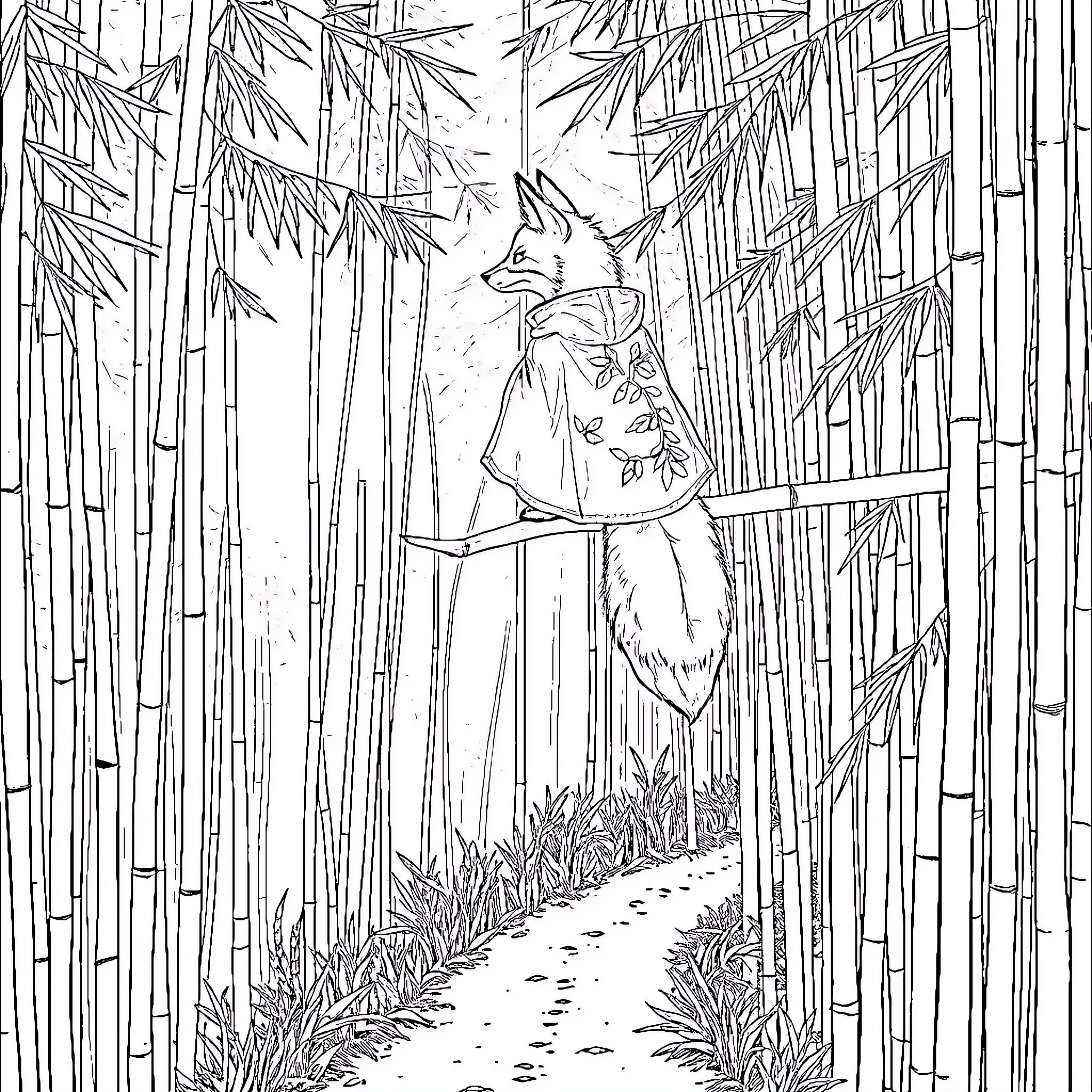 Fox strolling through bamboo forest Coloring Page (free black-and-white line drawing printable PDF for all, from beginners to advanced learners, including children, teens, adults, and seniors)