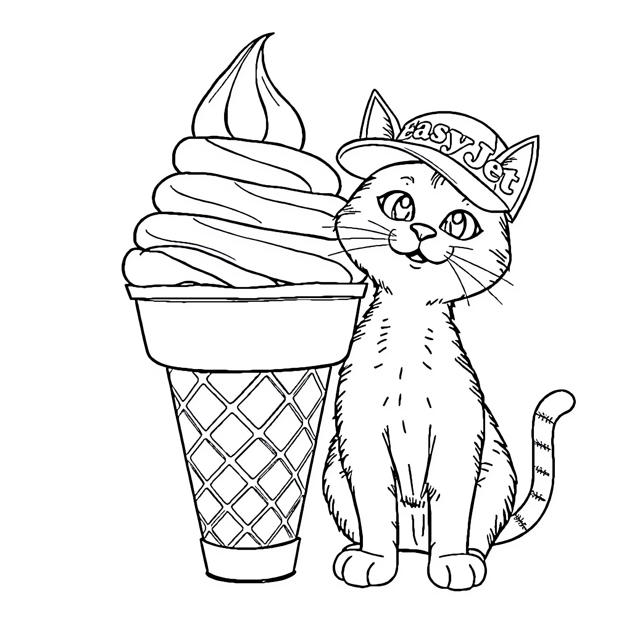 Cat with Tasty Ice Cream Cone Coloring Page (free black-and-white line drawing printable PDF for all, from beginners to advanced learners, including children, teens, adults, and seniors)