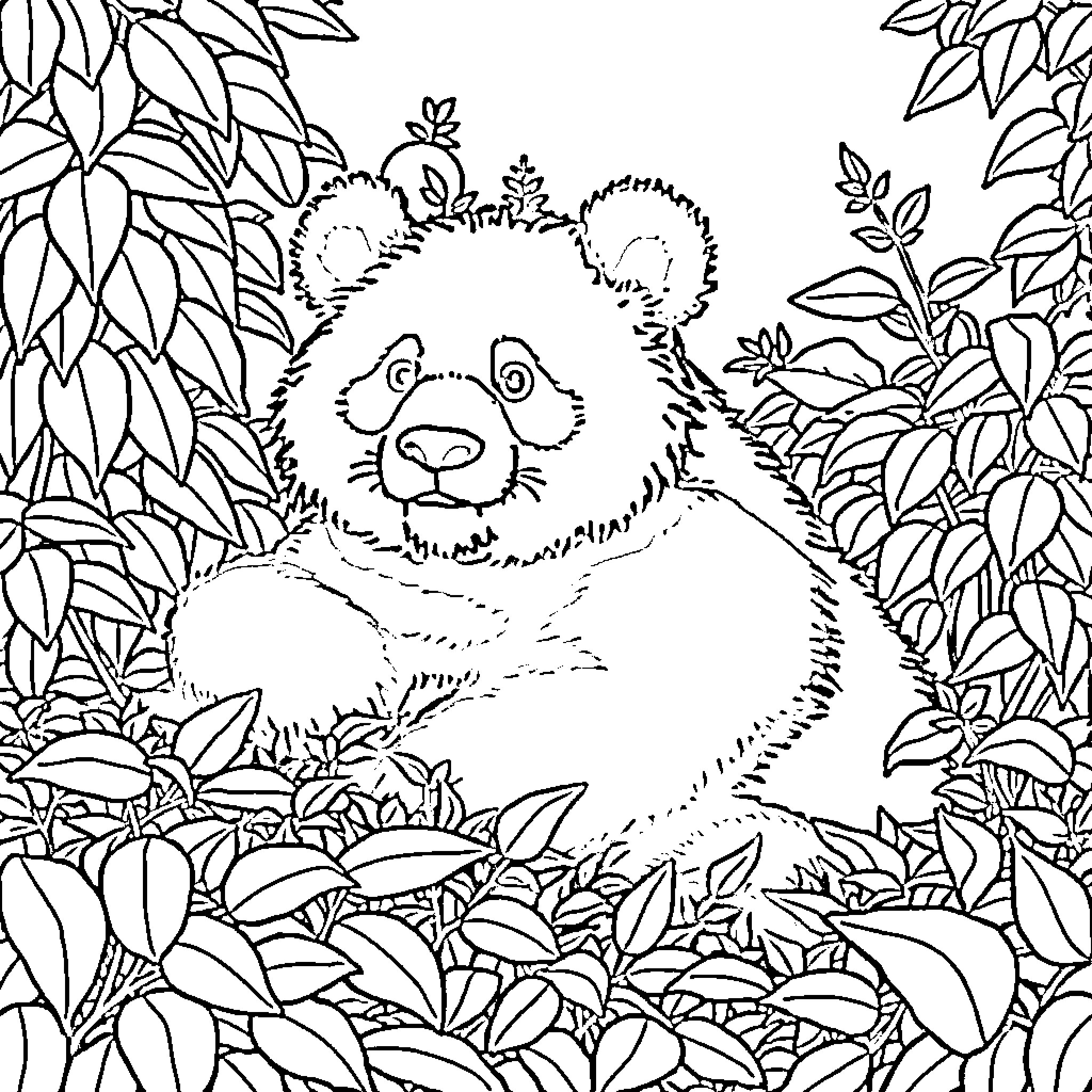 Panda peering out from lush foliage Coloring Page (free black-and-white line drawing printable PDF for all, from beginners to advanced learners, including children, teens, adults, and seniors)