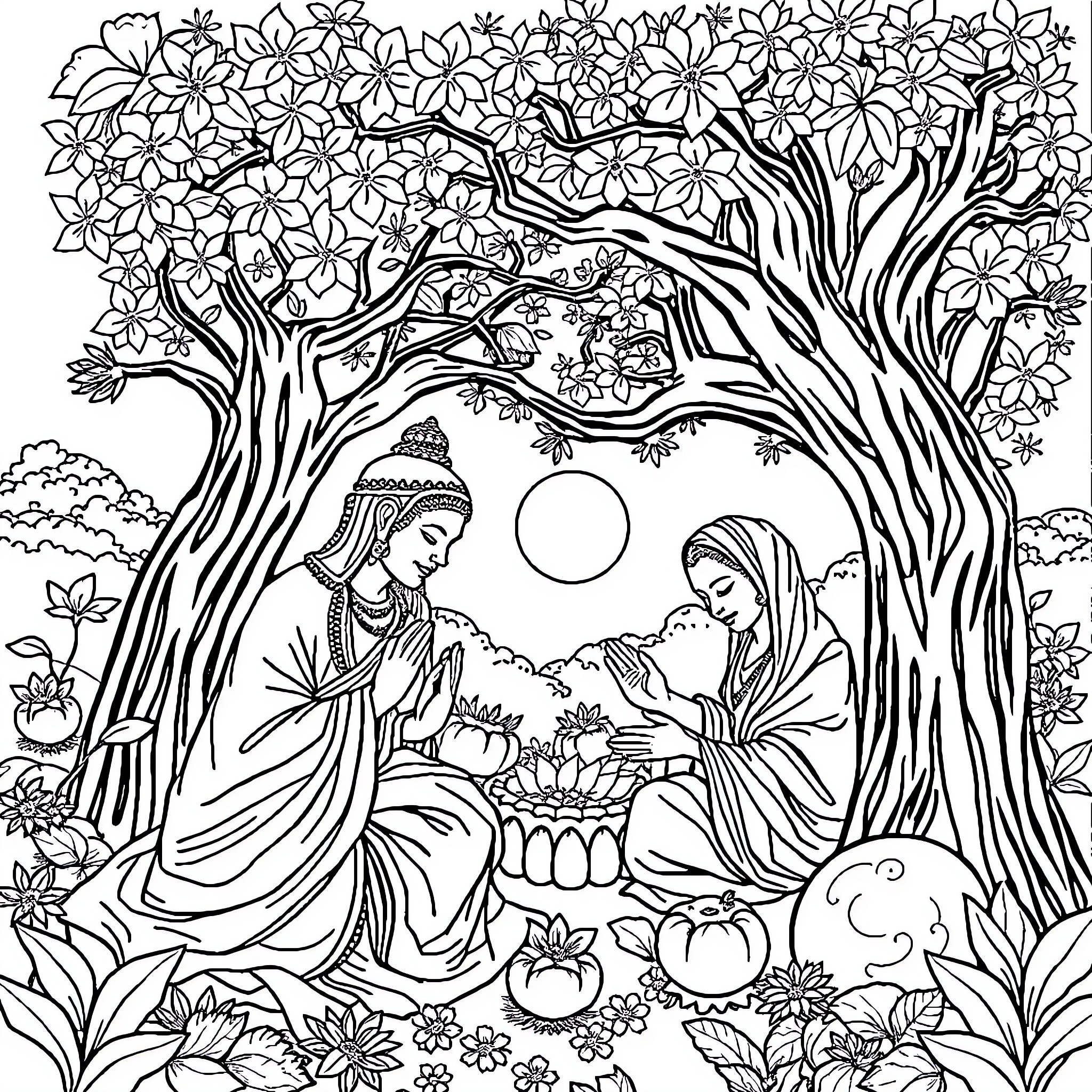Buddha teaching in a serene floral landscape Coloring Page (free black-and-white line drawing printable PDF for all, from beginners to advanced learners, including children, teens, adults, and seniors)