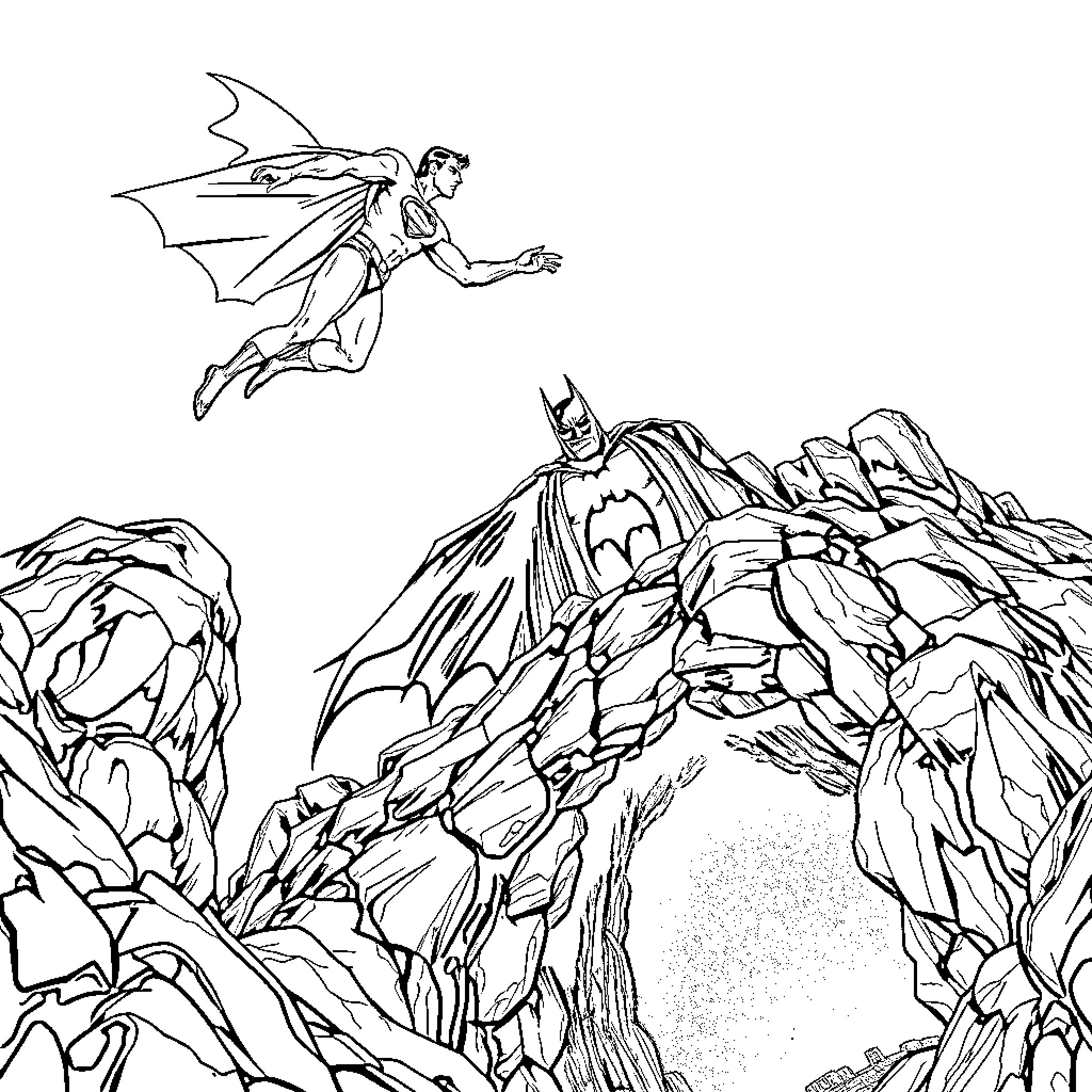 Superman Soaring through Rugged Terrain with Batman Coloring Page (free black-and-white line drawing printable PDF for all, from beginners to advanced learners, including children, teens, adults, and seniors)
