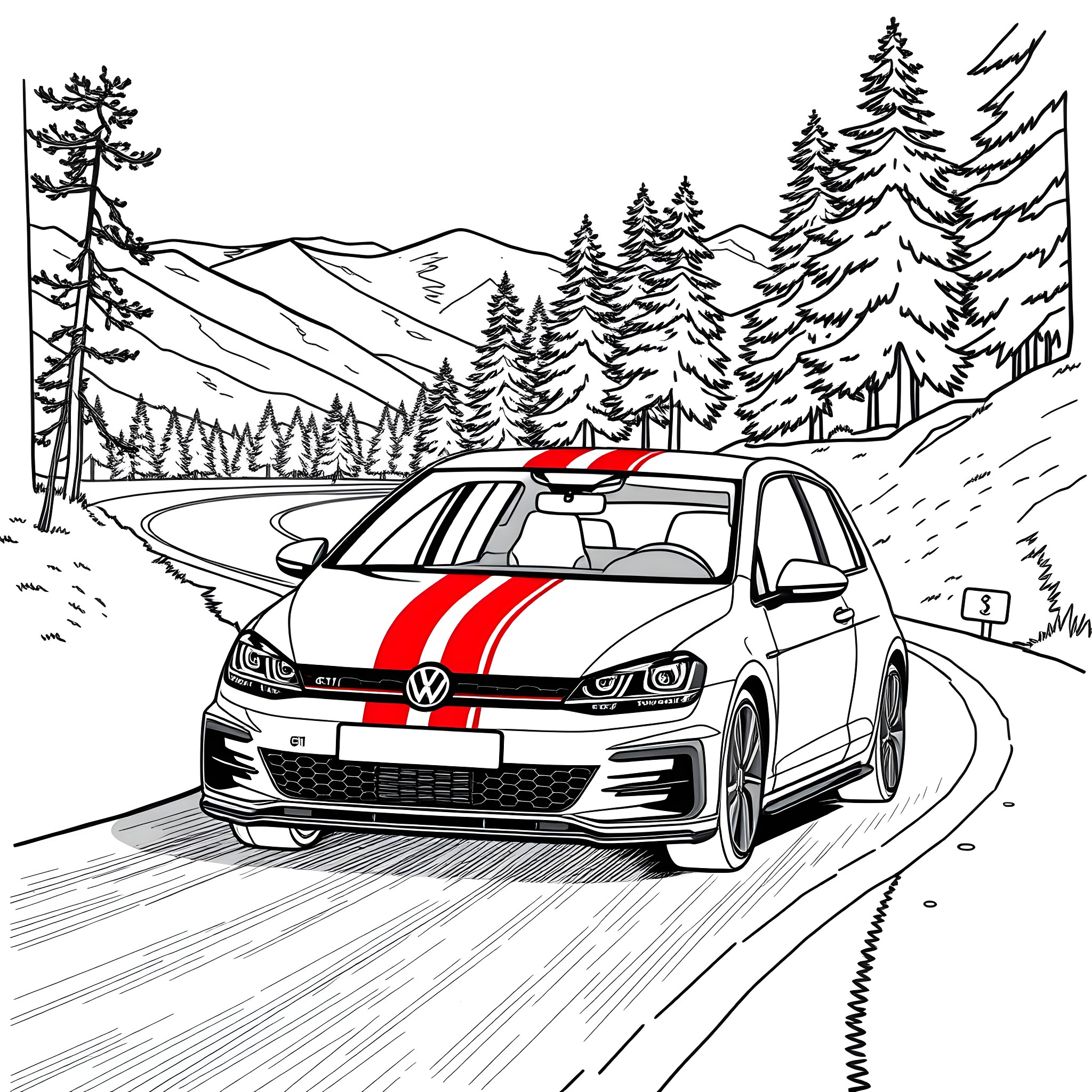 Volkswagen Golf speeding through mountain road Coloring Page (free black-and-white line drawing printable PDF for all, from beginners to advanced learners, including children, teens, adults, and seniors)