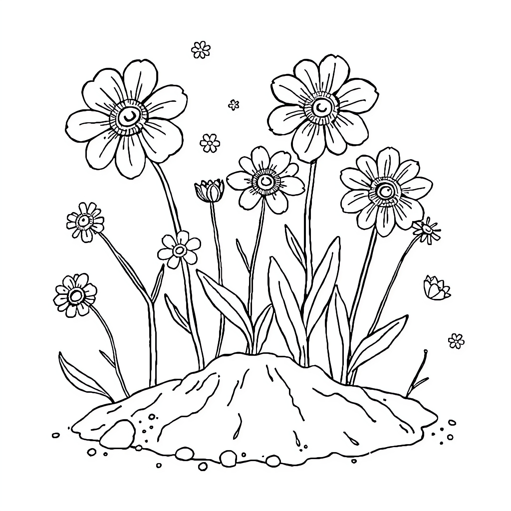 Flower garden in bloom with whimsical elements Coloring Page (free black-and-white line drawing printable PDF for all, from beginners to advanced learners, including children, teens, adults, and seniors)