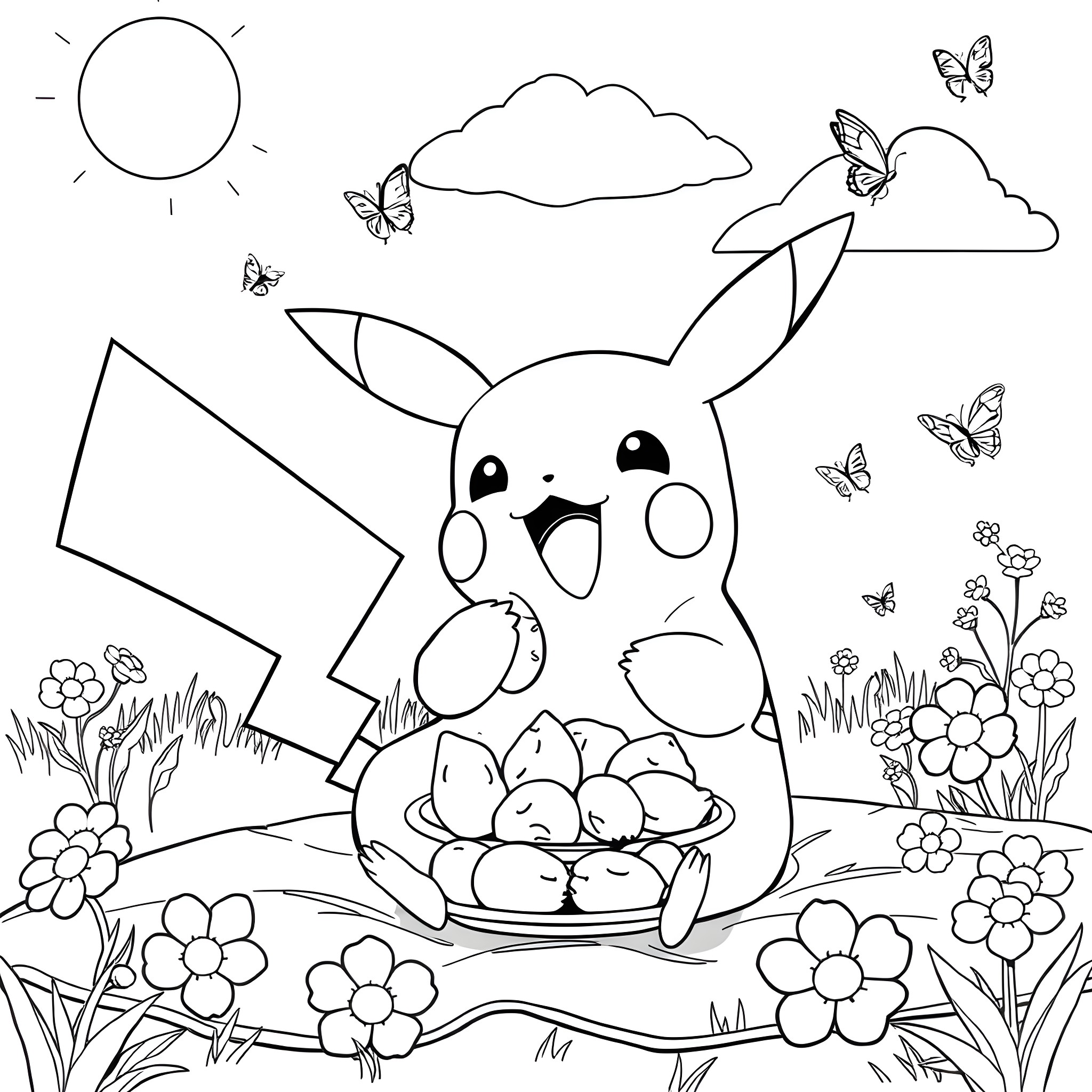 Pikachu enjoys a sunny day with Poke Eggs and butterflies Coloring Page (free black-and-white line drawing printable PDF for all, from beginners to advanced learners, including children, teens, adults, and seniors)