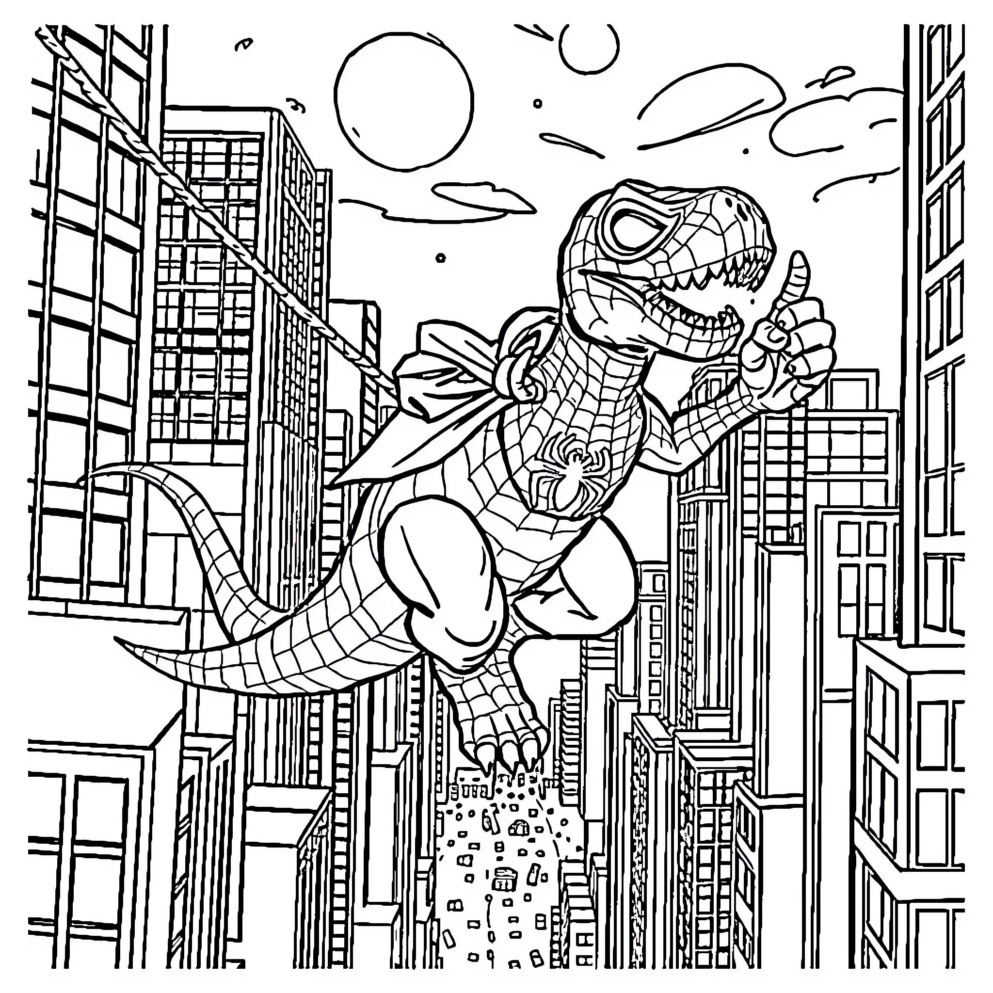 Dinosaur exploring futuristic cityscape Coloring Page (free black-and-white line drawing printable PDF for all, from beginners to advanced learners, including children, teens, adults, and seniors)