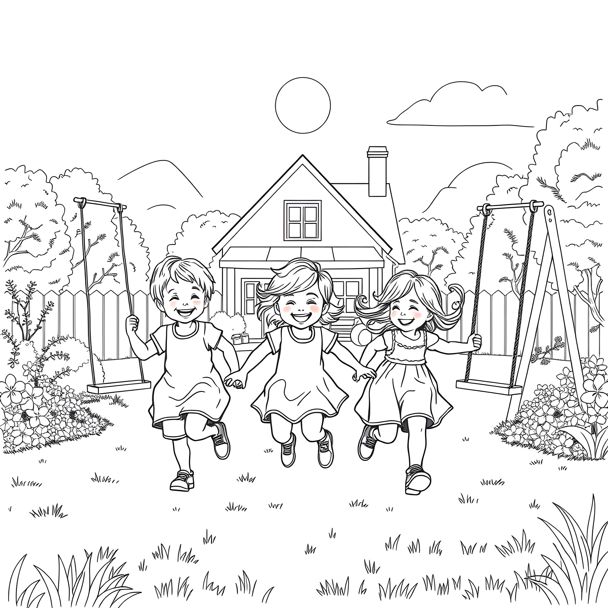 Child playing happily in the backyard with friends Coloring Page (free black-and-white line drawing printable PDF for all, from beginners to advanced learners, including children, teens, adults, and seniors)