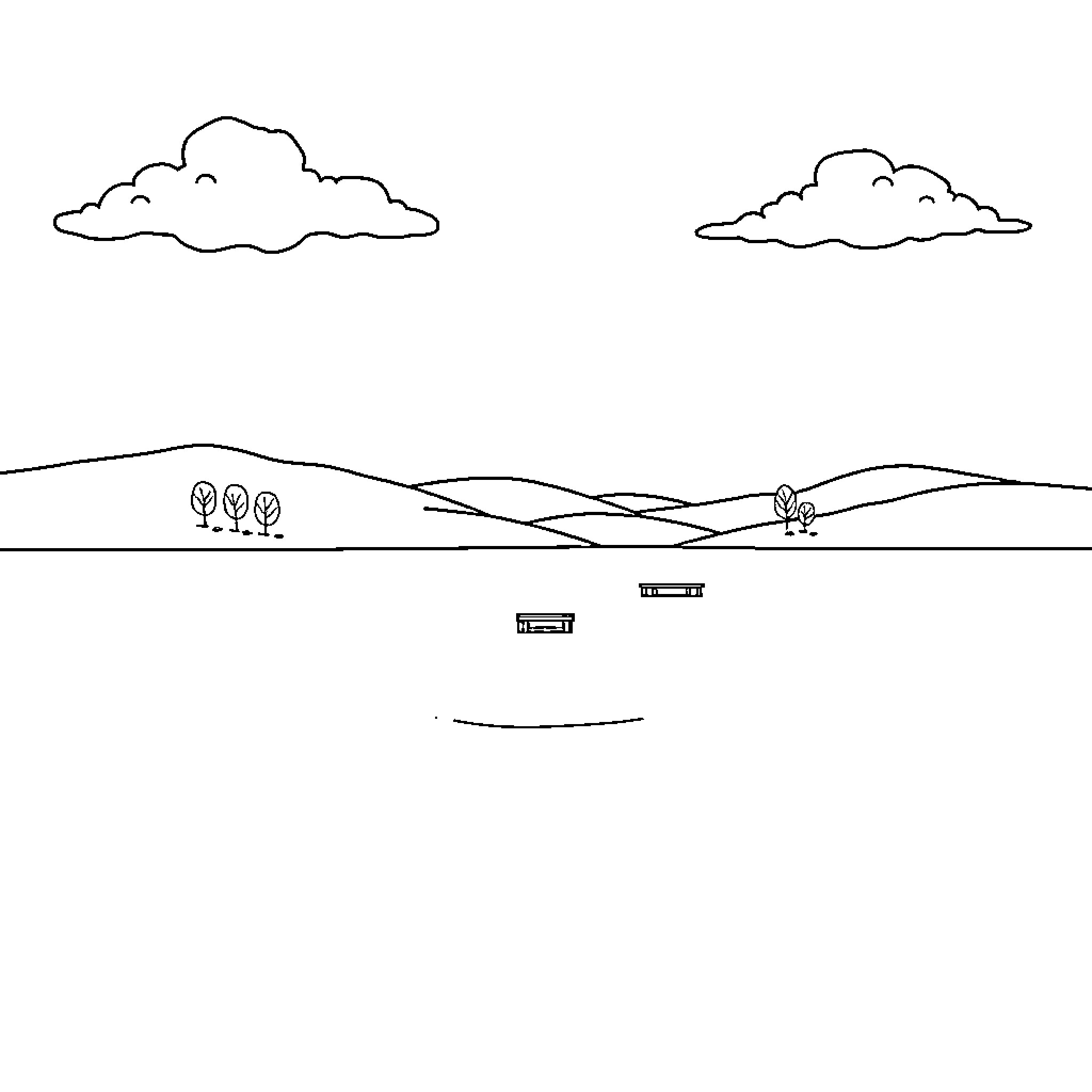 Lake in the countryside with trees and a bench Coloring Page (free black-and-white line drawing printable PDF for all, from beginners to advanced learners, including children, teens, adults, and seniors)