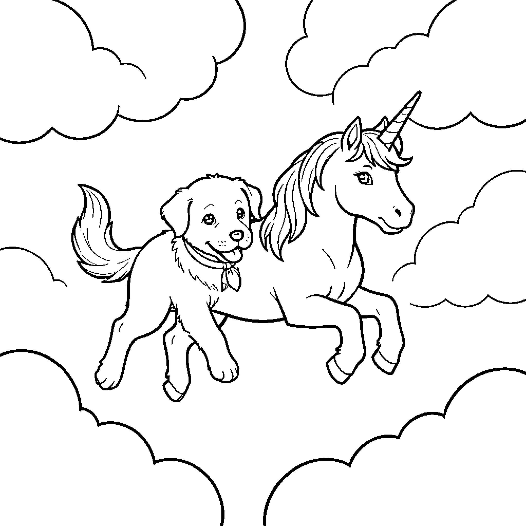 Puppy Unicorn flying happily through the clouds Coloring Page (free black-and-white line drawing printable PDF for all, from beginners to advanced learners, including children, teens, adults, and seniors)
