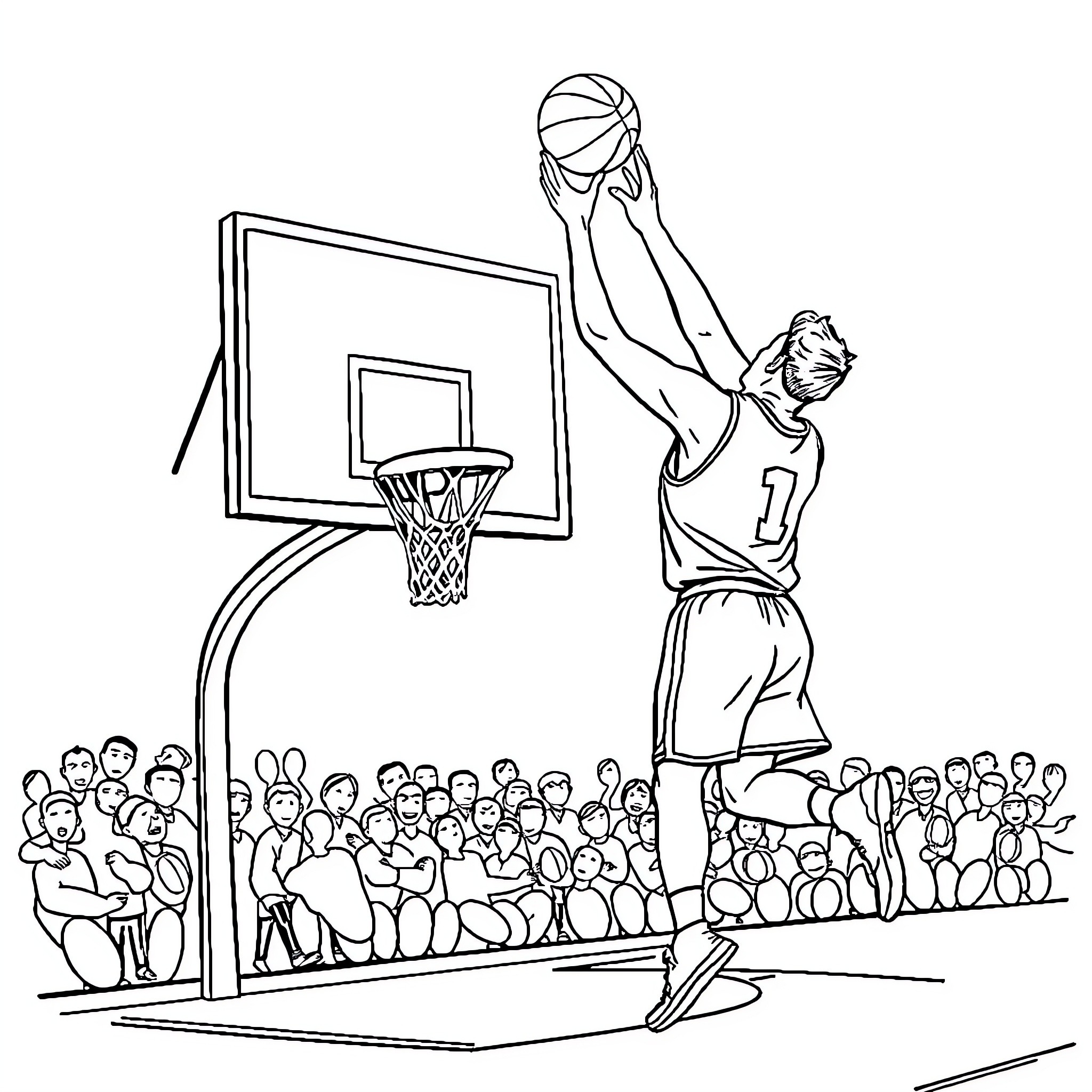 Basketball Player Dunking in Front of Crowd Coloring Page (free black-and-white line drawing printable PDF for all, from beginners to advanced learners, including children, teens, adults, and seniors)