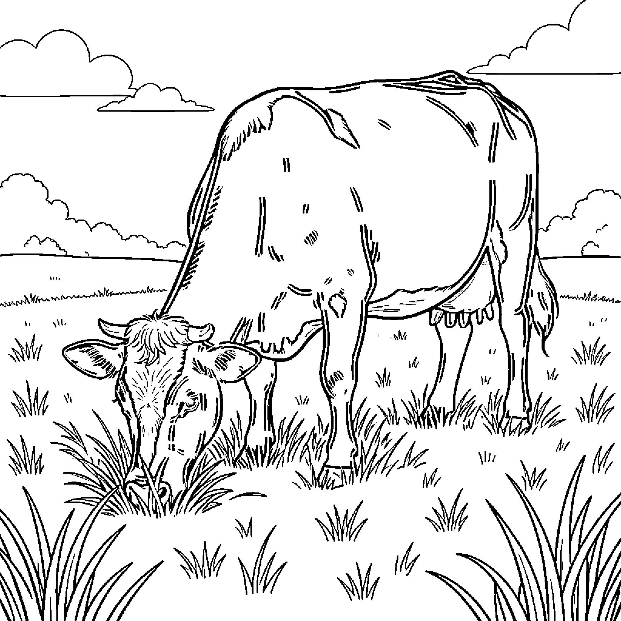 Cow grazing peacefully in the field Coloring Page (free black-and-white line drawing printable PDF for all, from beginners to advanced learners, including children, teens, adults, and seniors)