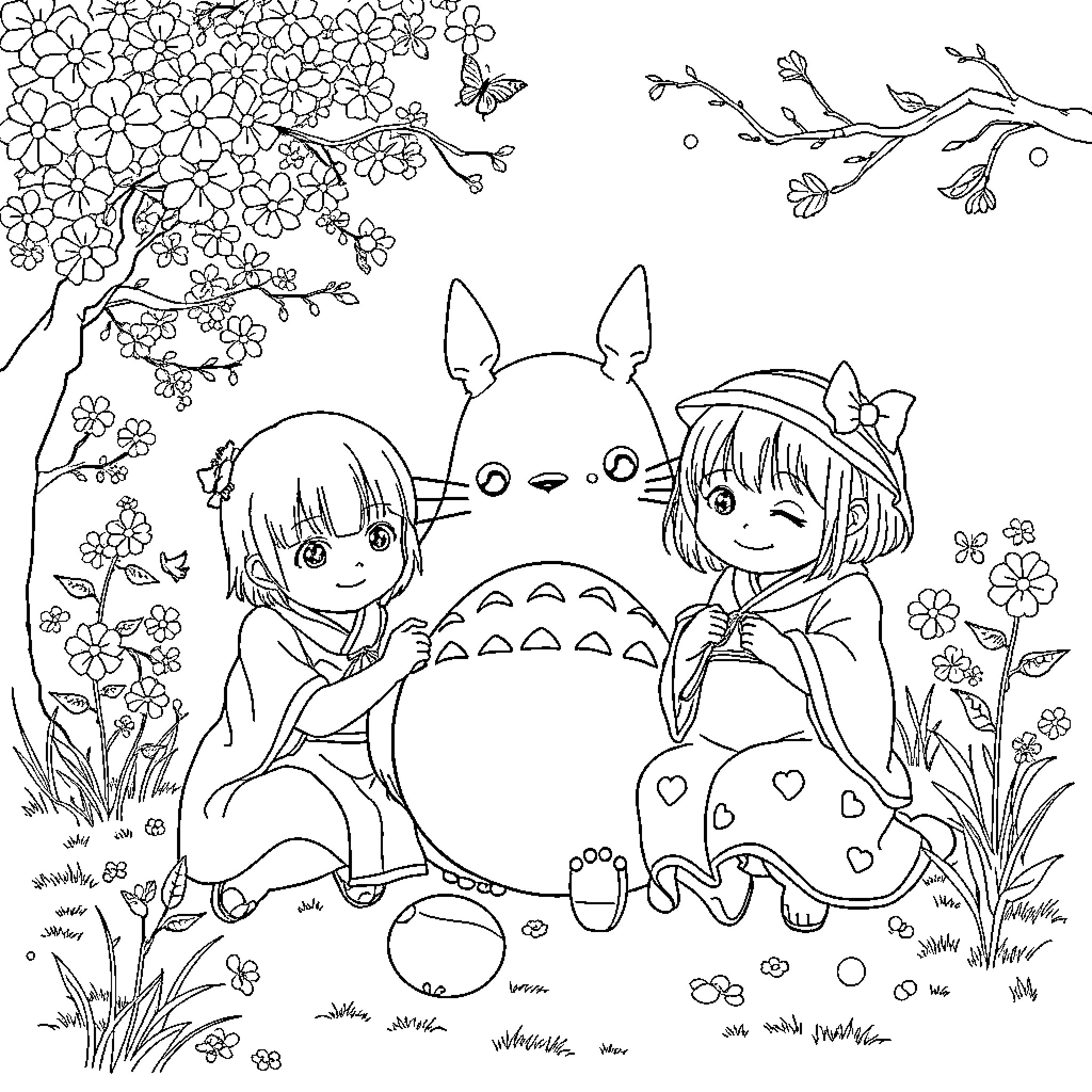 Sister's Whimsical Adventure with Totoro Coloring Page (free black-and-white line drawing printable PDF for all, from beginners to advanced learners, including children, teens, adults, and seniors)