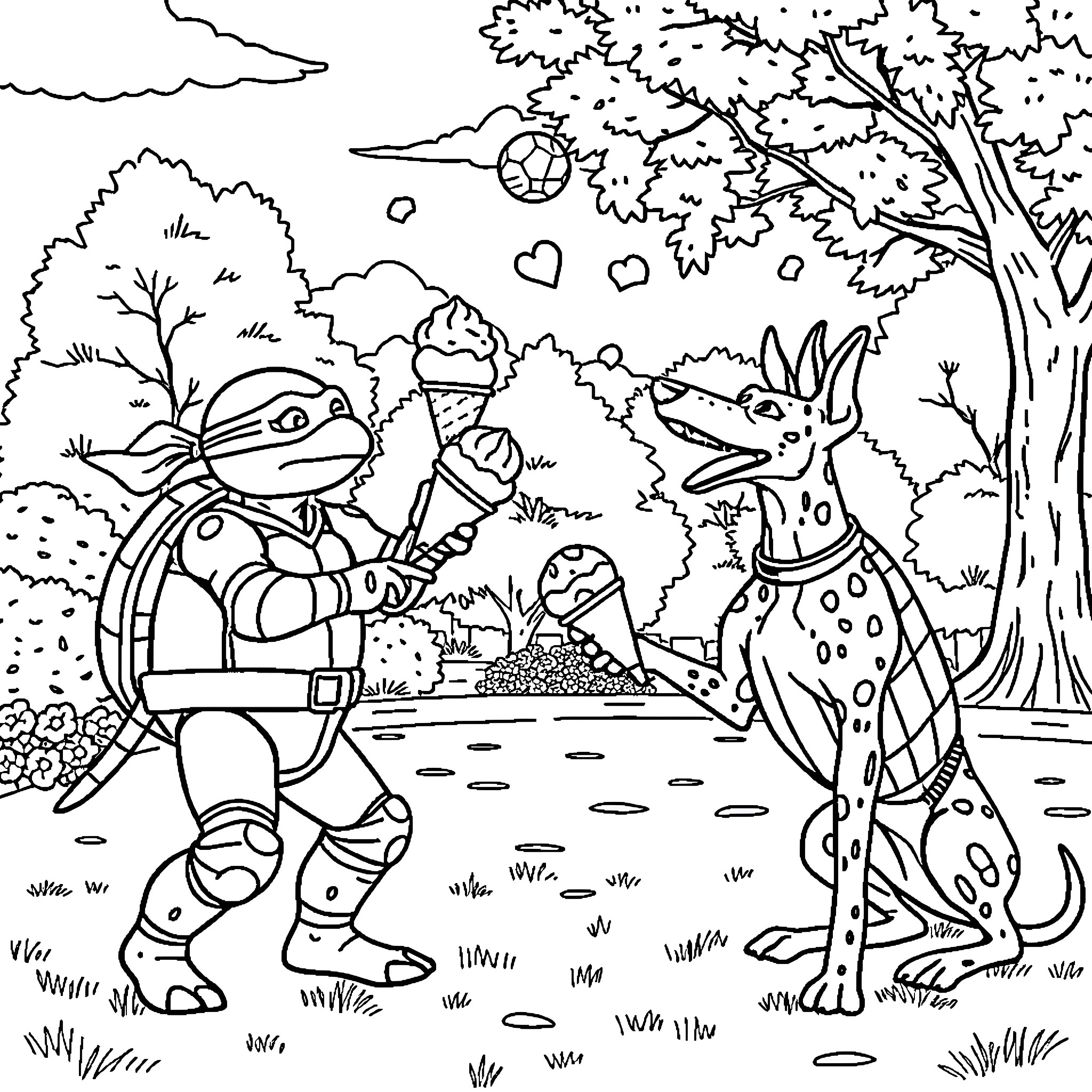 Ninja Turtles in a forest adventure Coloring Page (free black-and-white line drawing printable PDF for all, from beginners to advanced learners, including children, teens, adults, and seniors)